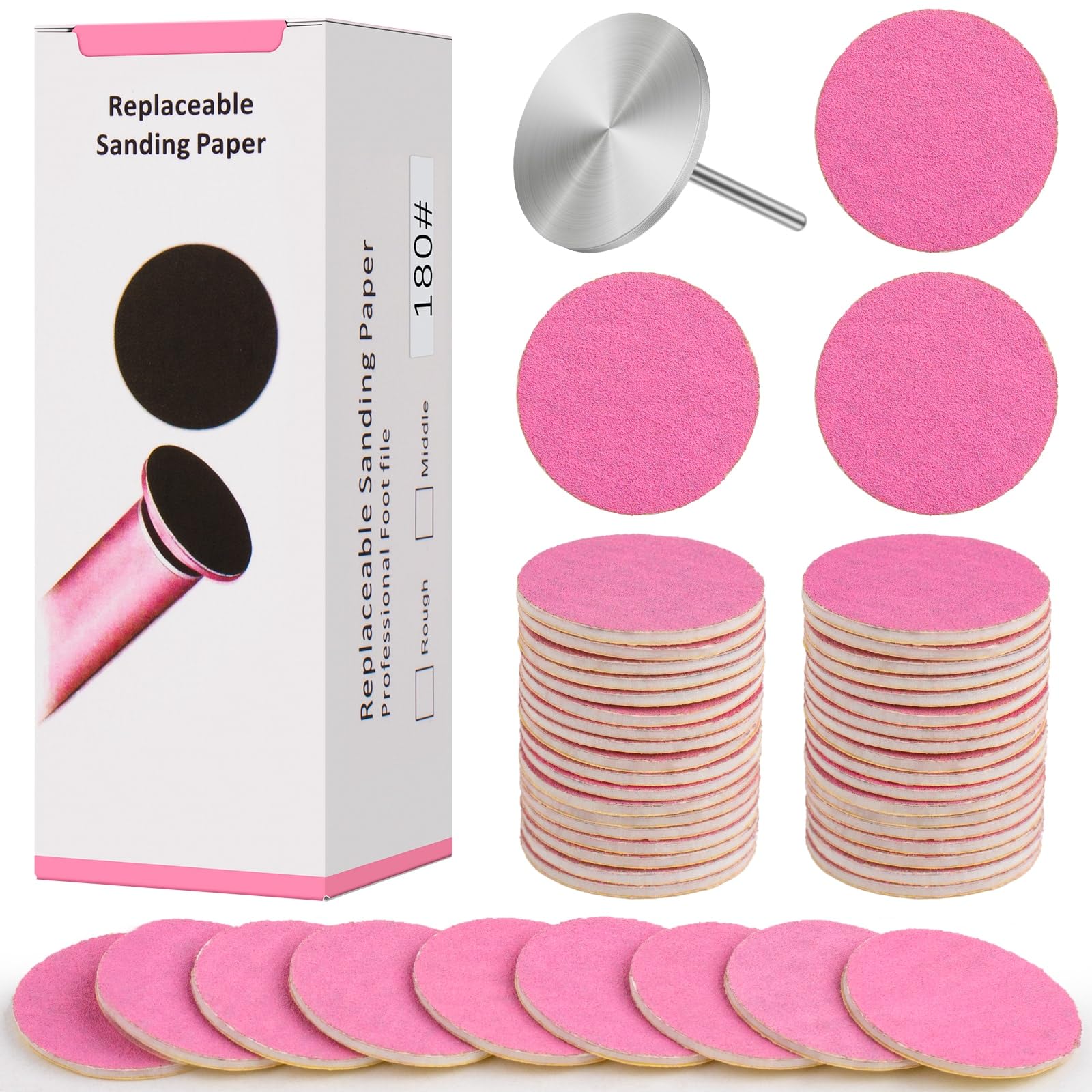 Sanding Paper Discs with Metal Nail Drill Bit Pedicure Sanding Disc 100pcs Sandpaper Discs 25mm Foot File Sandpaper Discs #180 Grits for Manicure Pedicure(Pink)