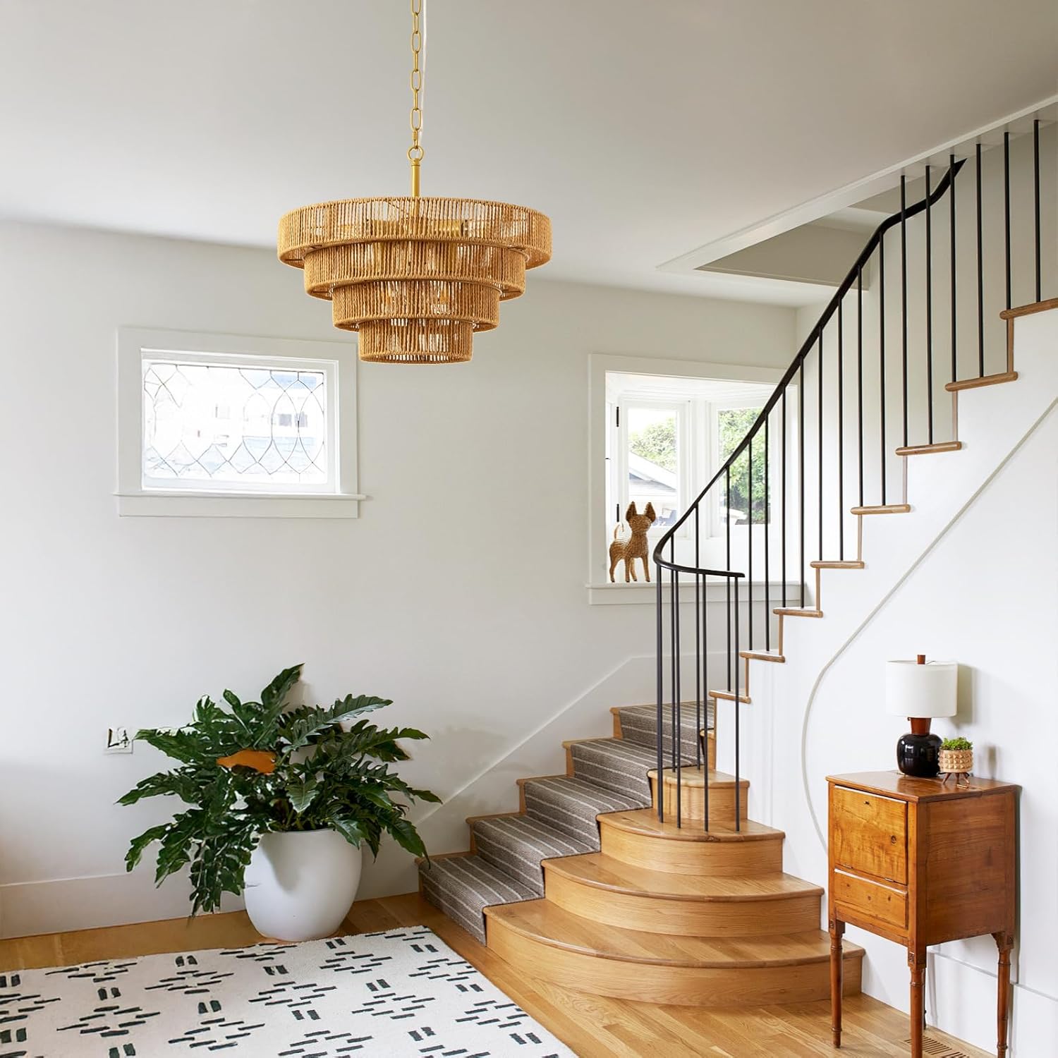 6 Lights Boho Rattan Pendant Light 19.7” Large Farmhouse Chandelier with 3-Tier Wicker Shade Bohemian Gold Ceiling Hanging Light for Dining Room Living Room Kitchen