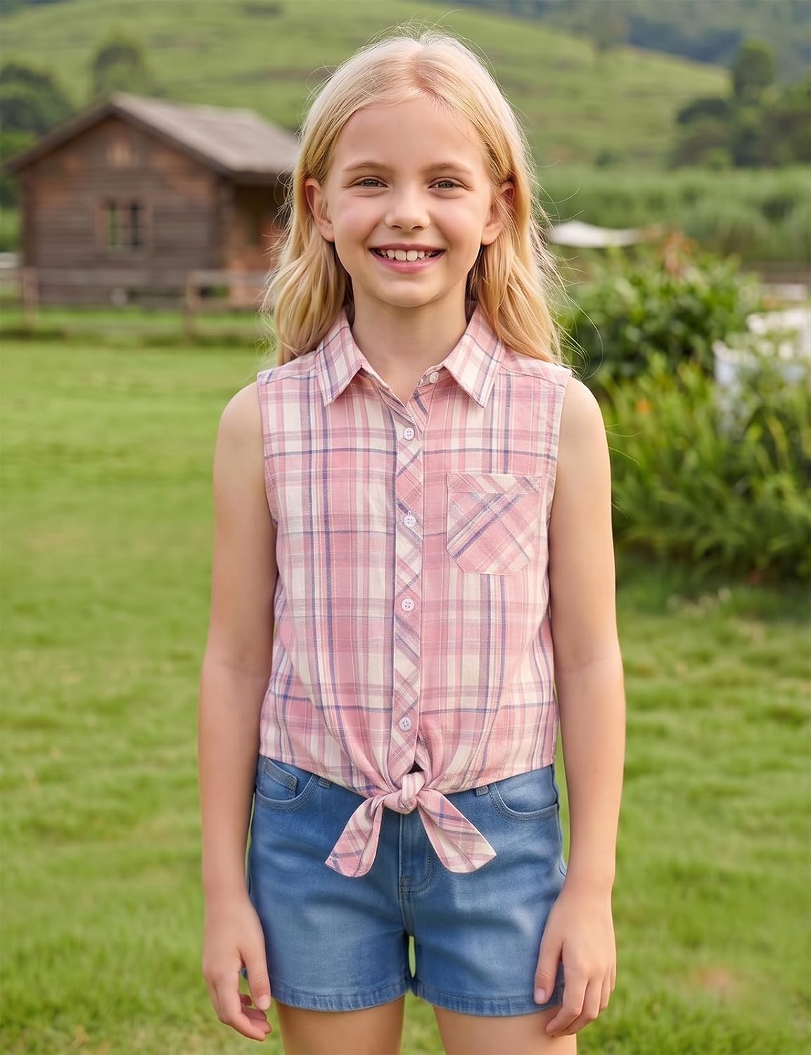 Noomelfish Girls Sleeveless Button Down Shirt Tie Knot Blouse Western Cowgirl Outfit (5-12 Years)