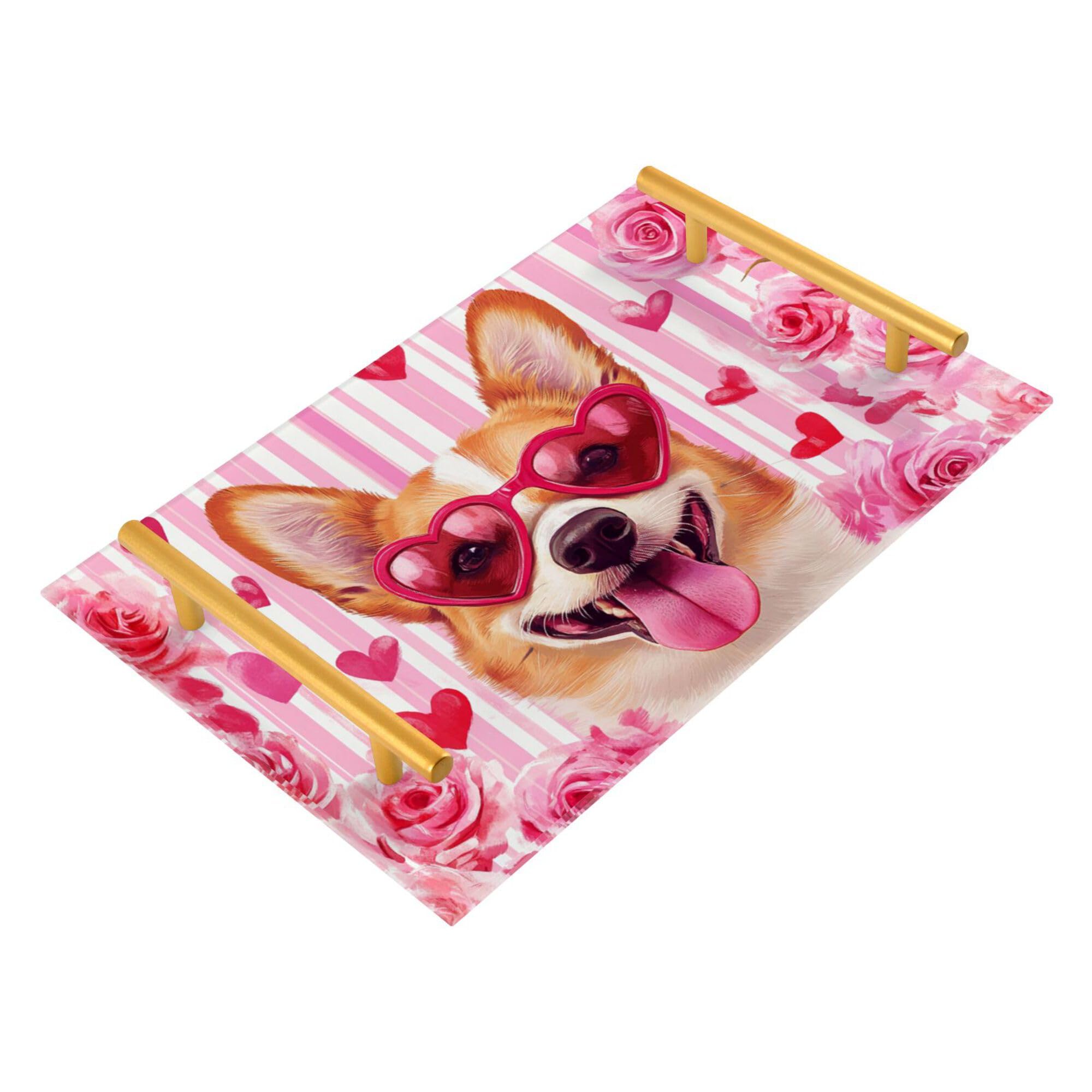 Bathroom Vanity Tray Counter Organizer, Valentine's Day Cute Dog Decorative Tray with Handles Countertop Storage for Bathroom Bedroom Kitchen Home Farmhouse