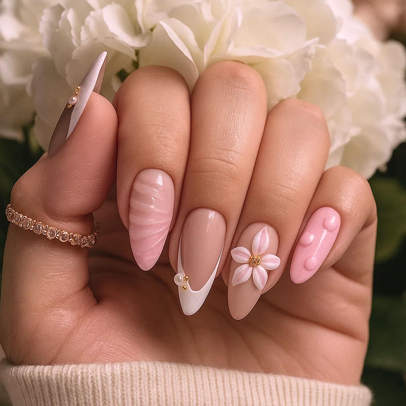 Almond Press On Nails Medium Length Pink 3D Flower Fake Nails with French Tips – Luxury Reusable False Nails Glue On Nails for Wedding Date Daily Wear for Women Girls