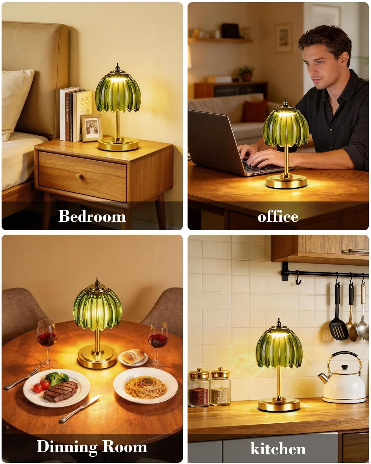 WERFOP Tulip Glass Table Lamp, 3 Color Temperatures & Touch Control Desk Lamp 5400mAh Cordless Rechargeable Bedside Lamp for Living Room, Bedroom, Desk, Entrance（Green）