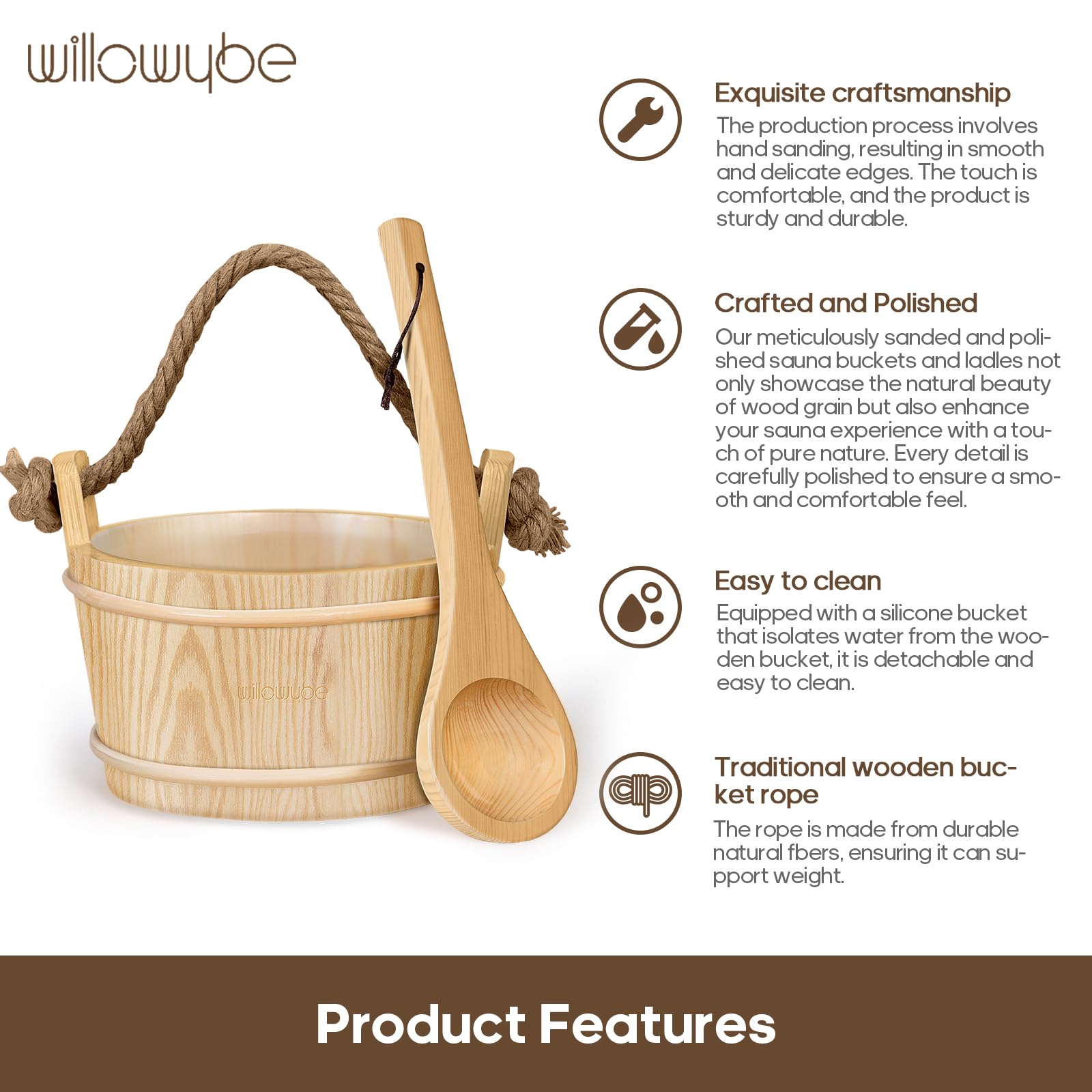 WILLOWYBE Seau et louche en Bois Faits à la Main pour la Relaxation du Corps et la Transpiration – Accessoires de Sauna Parfaits pour la Maison – Idéal pour Les Amis et la Famille