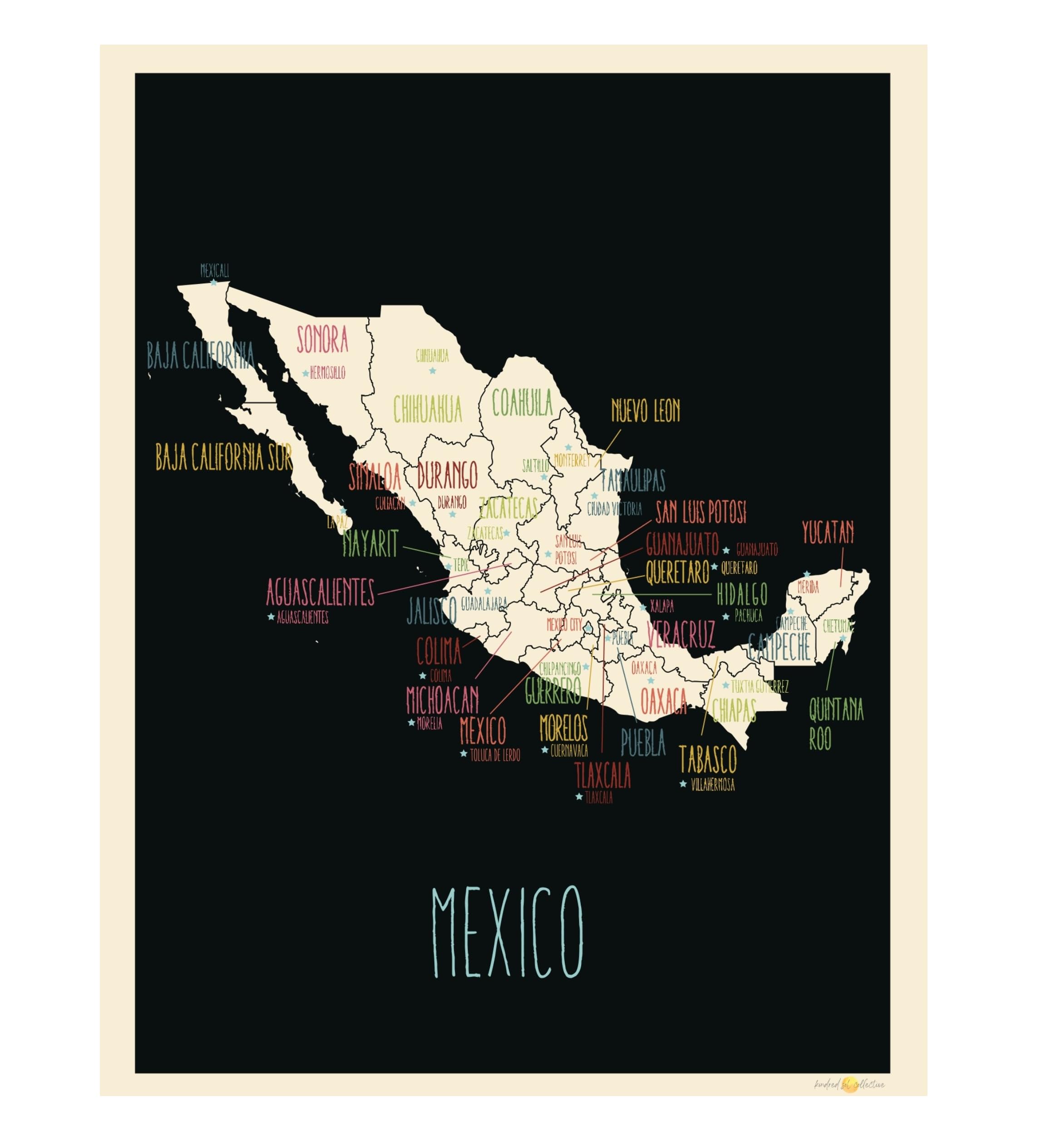 Mexico Map Art Poster (11'' x 14'') Black - Map of Mexico Wall Decor for Travelers, Kids Rooms, Classrooms, Playrooms, Office and Bedrooms