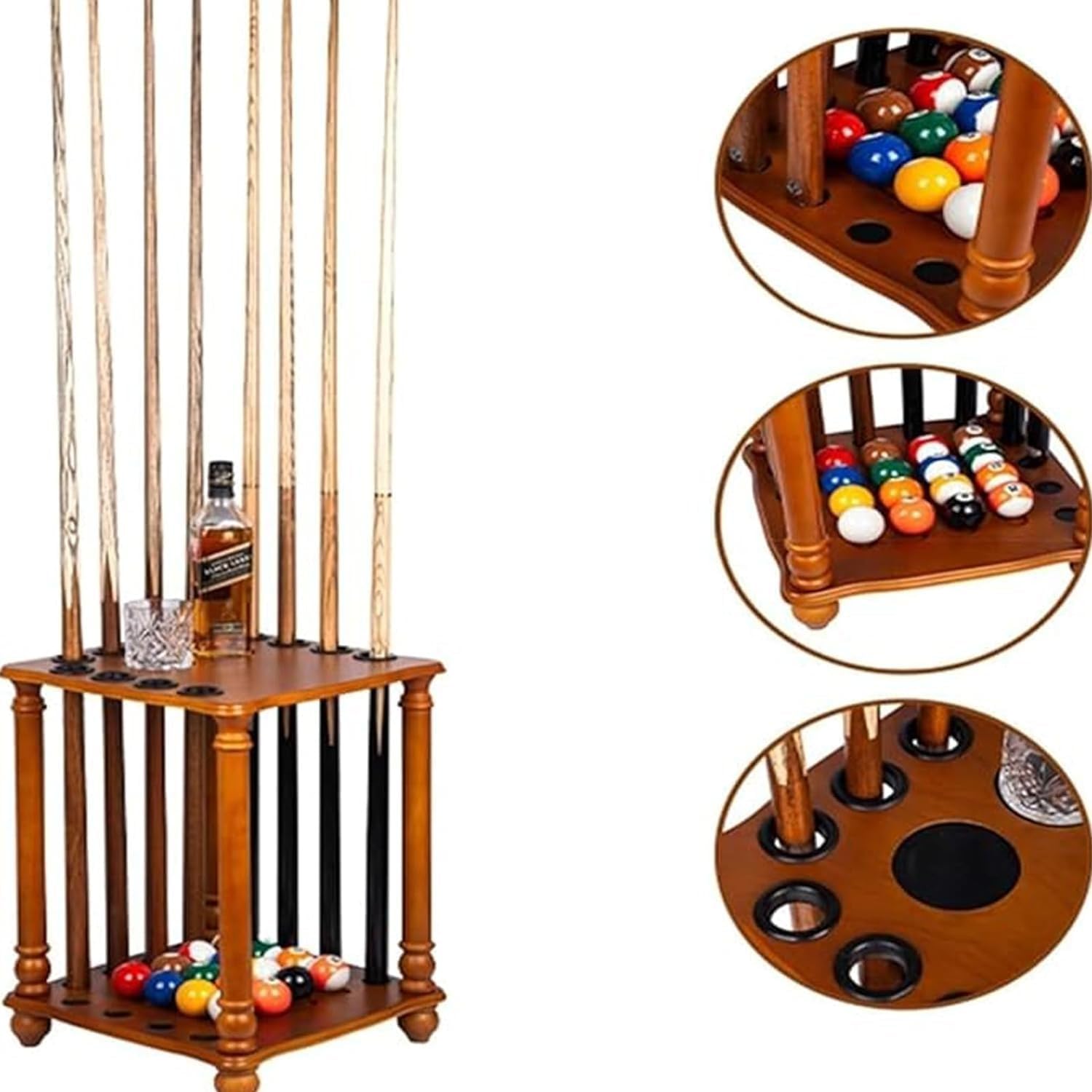 Pool Cue Rack, Pool Sticks Holder,Floor Stand Billiard Stick Rack with 12 Holes Cue Solid Wood Pool Cue Holder, Full Set of Balls, Billiards Accessories for Clubs, Bars GYL240629