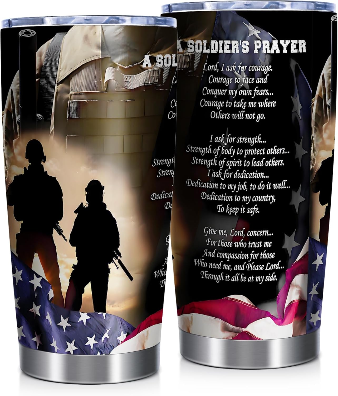 Patriotic Tumbler,20oz Insulated Stainless Steel Coffee Travel Mug with Lid, USA Flag A Soldier’s Prayer Tumbler Gift for Army Veterans, Men, Dad, Grandpa on Veterans Day