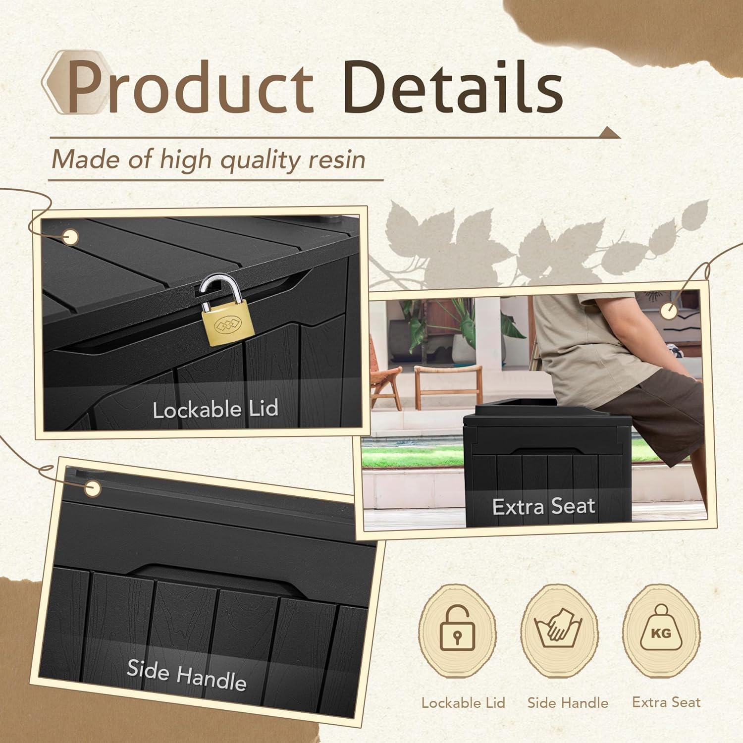 VICTONE 30 Gallon Resin Deck Box Large Outdoor Storage for Patio Furniture, Garden Tools, Pool Supplies, Weatherproof and UV Resistant, Lockable (Black)