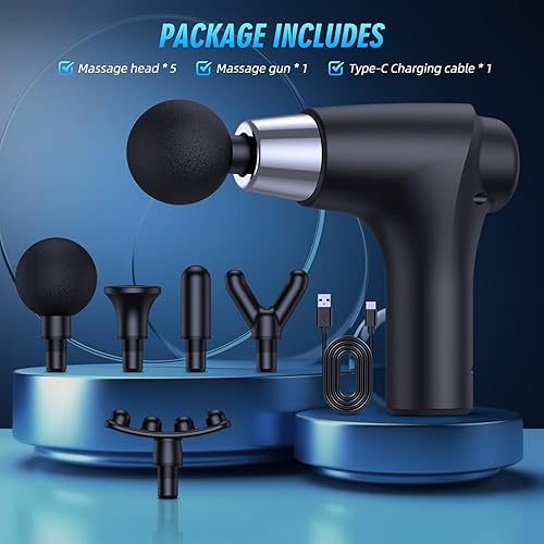 Miniatura 7 de Pistola de masaje de tejido profundo para aliviar el dolor de espalda con 5 cabezas, 6 velocidades, color negro