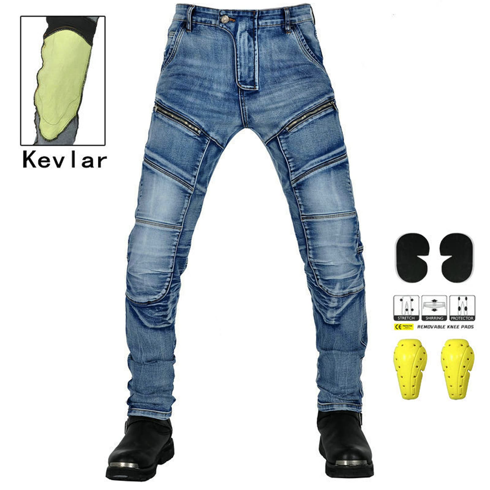 Męskie spodnie motocyklowe, jeansy, rozciągliwe, styl vintage, tekstylne, z ochraniaczami, niebieski, XXL