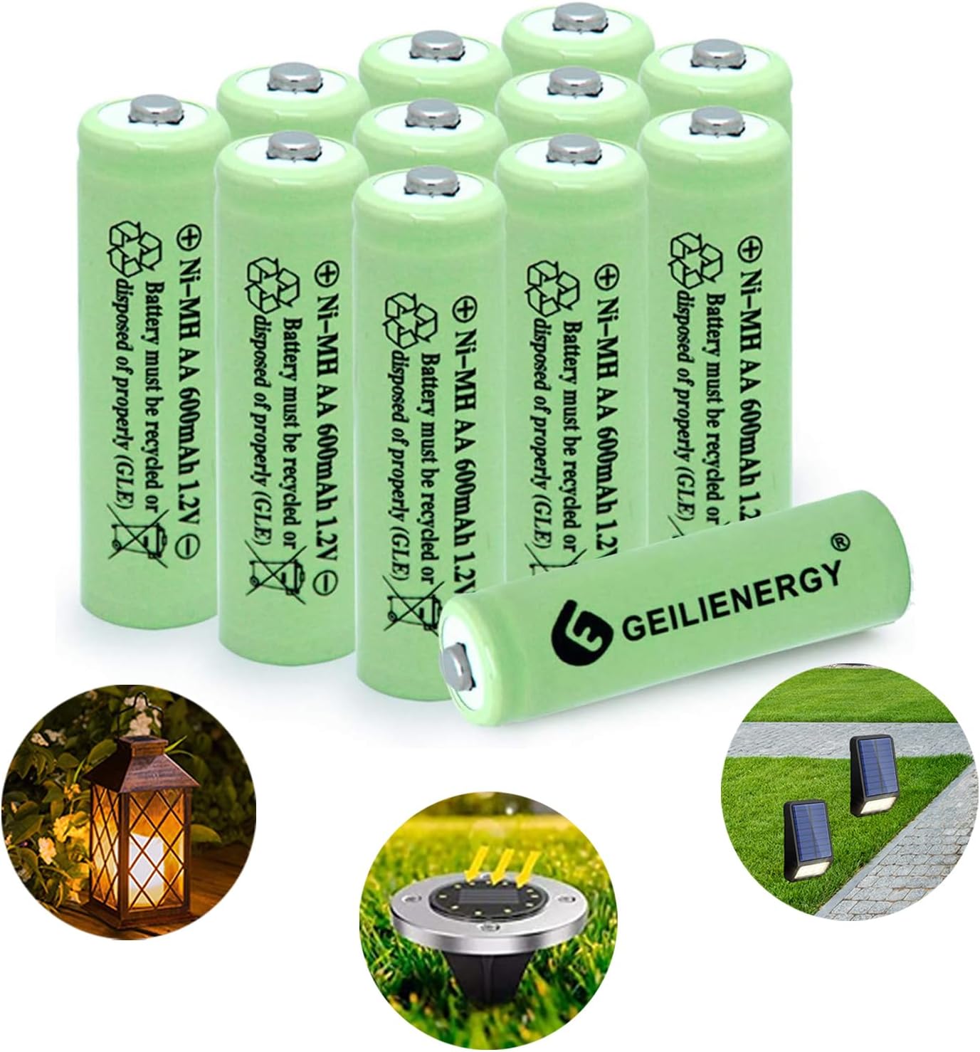 GEILIENERGY Ni-MH AA Rechargeable Batteries,Ni-MH AA 600mAh 1.2V Rechargeable Batteries for Photo voltaic Lights-12 Pack
