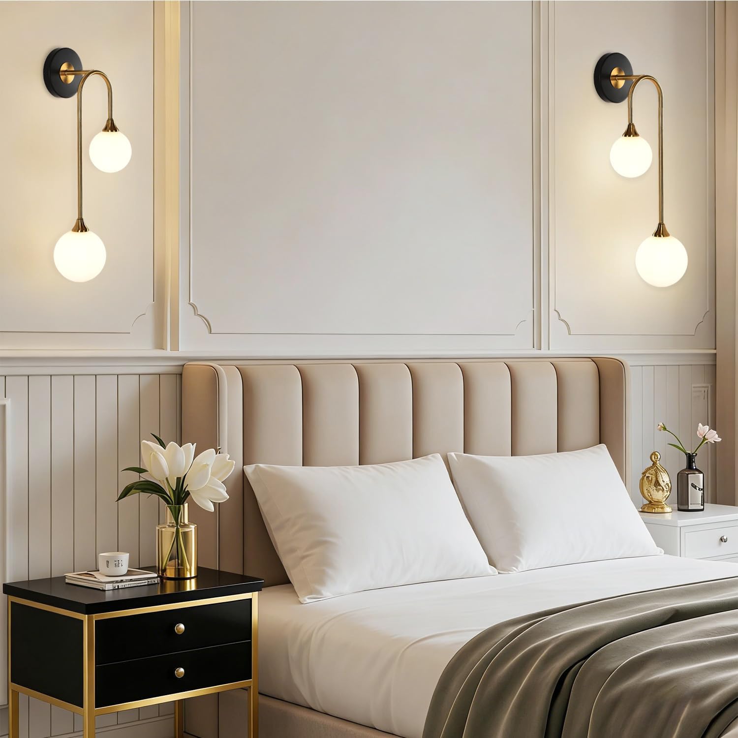 Mid Century Modern Wall Sconce Set of 2 Black and Gold Milk Glass Sconces with Double Ball Hardwired Wall Light for Bedside Bedroom Bathroom Living Room Corridor G9 Base (Bulbs Not Included)
