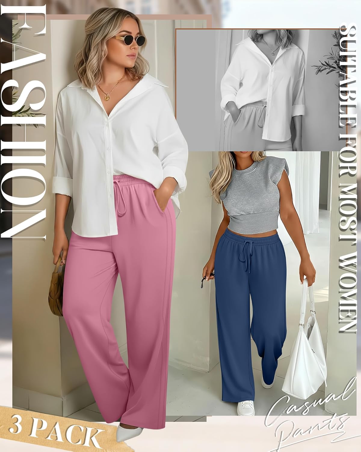 3 Pack Women's Plus Size Pants, Drawstring Wide Leg High Waist Sweatpants Loose Casual Lounge Pants with Pockets - Image 2