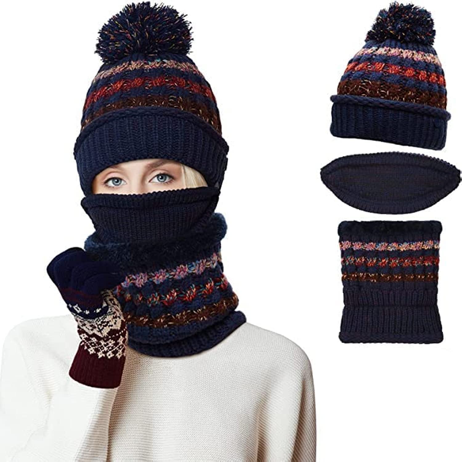 Womens Winter Beanie Hat Scarf Mask Set, 3 Pcs Warm Fleece Lined Ski Hat with Scarf Face Mask Touchscreen Mitten with Pom Pom for Girls Dark Blue, Red