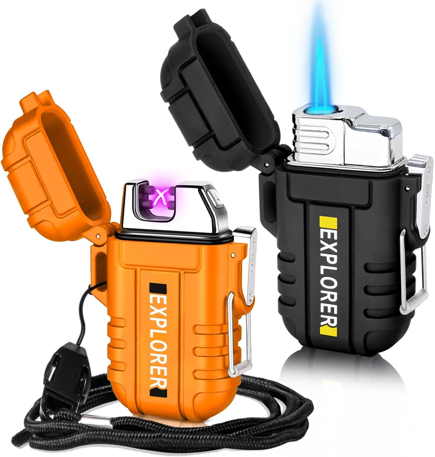2 Pack Waterproof Lighter Outdoor Windproof Torch Lighter Dual Arc Lighter Butane Electric Lighter USB Rechargeable Lighter Flameless Plasma Lighter Camping Hiking Adventure Survival Tactical Gear