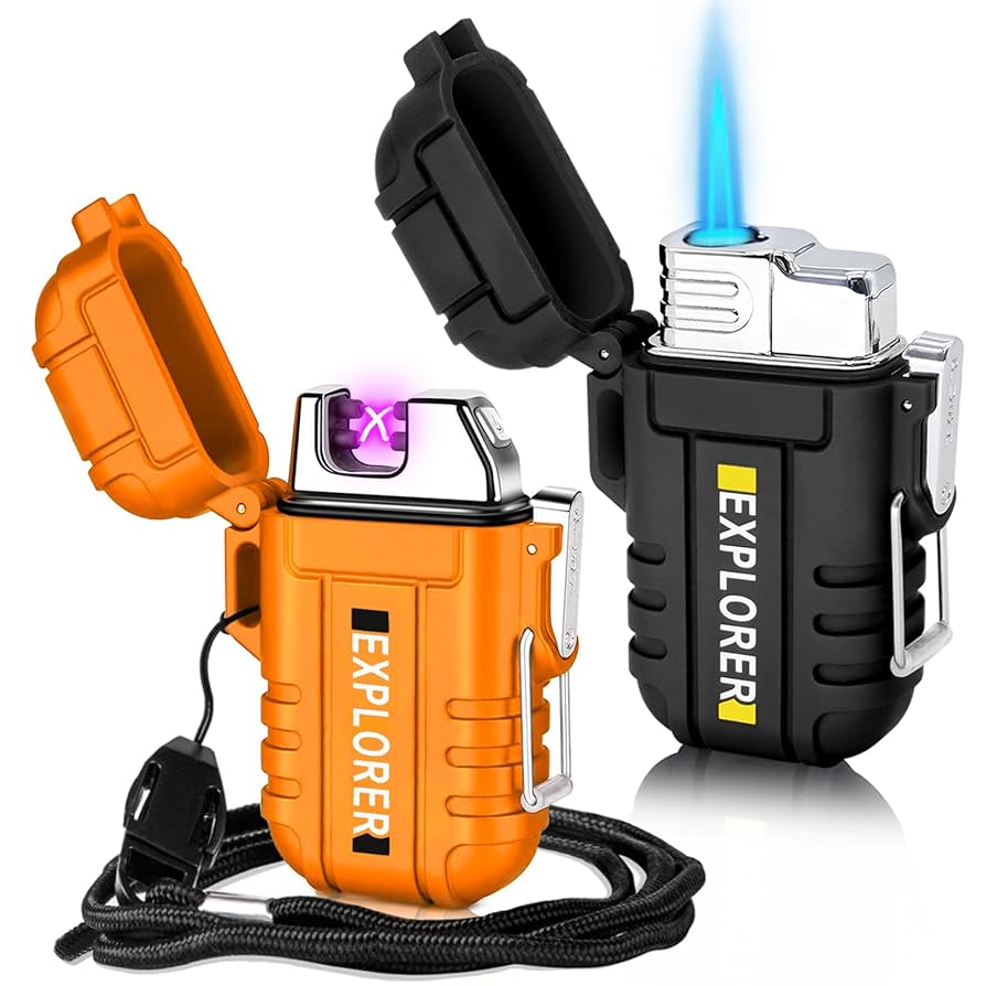 Waterproof survival lighter showing dual arc technology and weatherproof construction