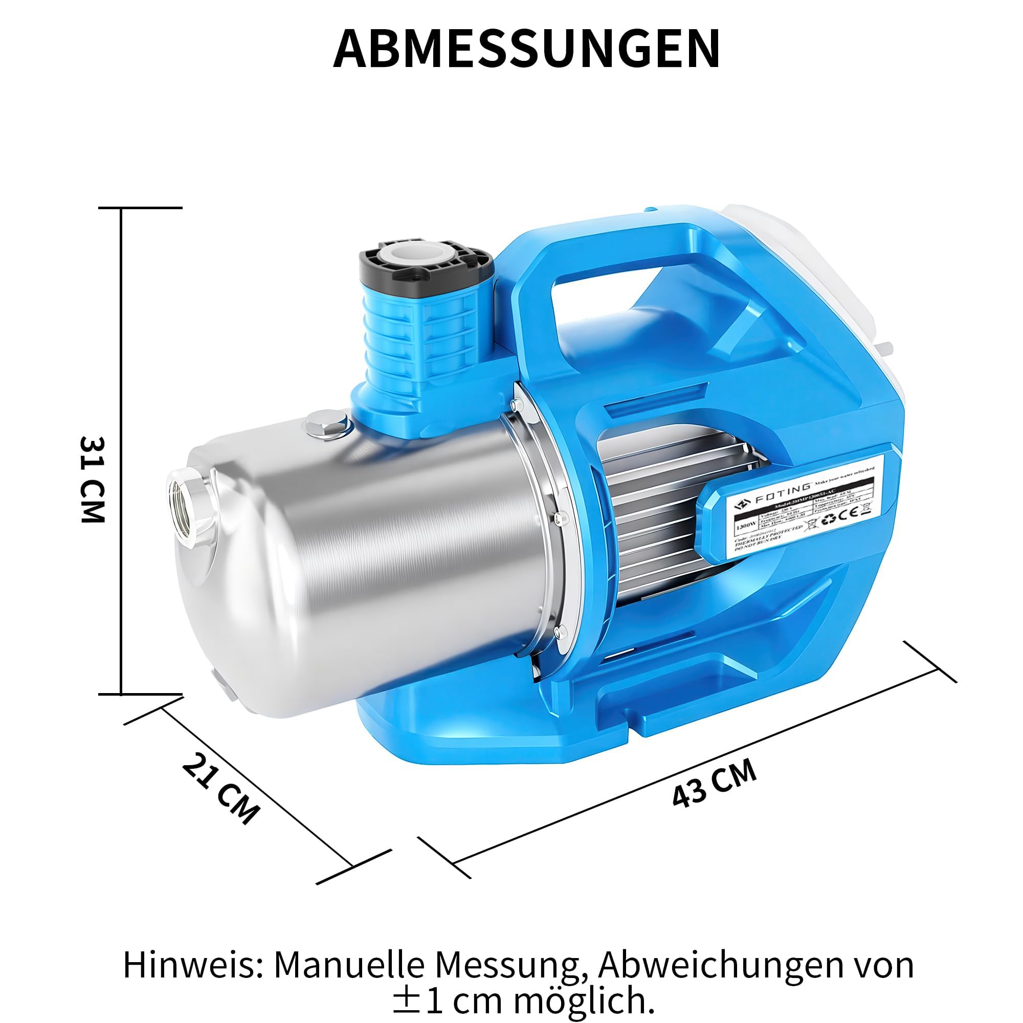 FOTING Gartenpumpe LCD INOX: 1300W, 6.000 l/h, 60 m Förderhöhe, 6 bar Druck, LC-Display mit Timer + Einstellbarer Startdruck‌, Überhitzungsschutz, Ansaughöhe: max. 8 m, Edelstahl-Gehäuse