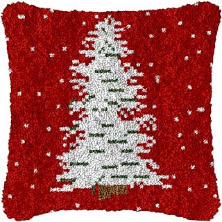 Christmas White Snow Tree Latch Hook Kits Red Pillow DIY Handmade Cushion Crochet Yarn Embroidery Needlework Hook and Latch Kit Pillowcase Rug Cover Home Sofa Christmas Decoration 43x43cm