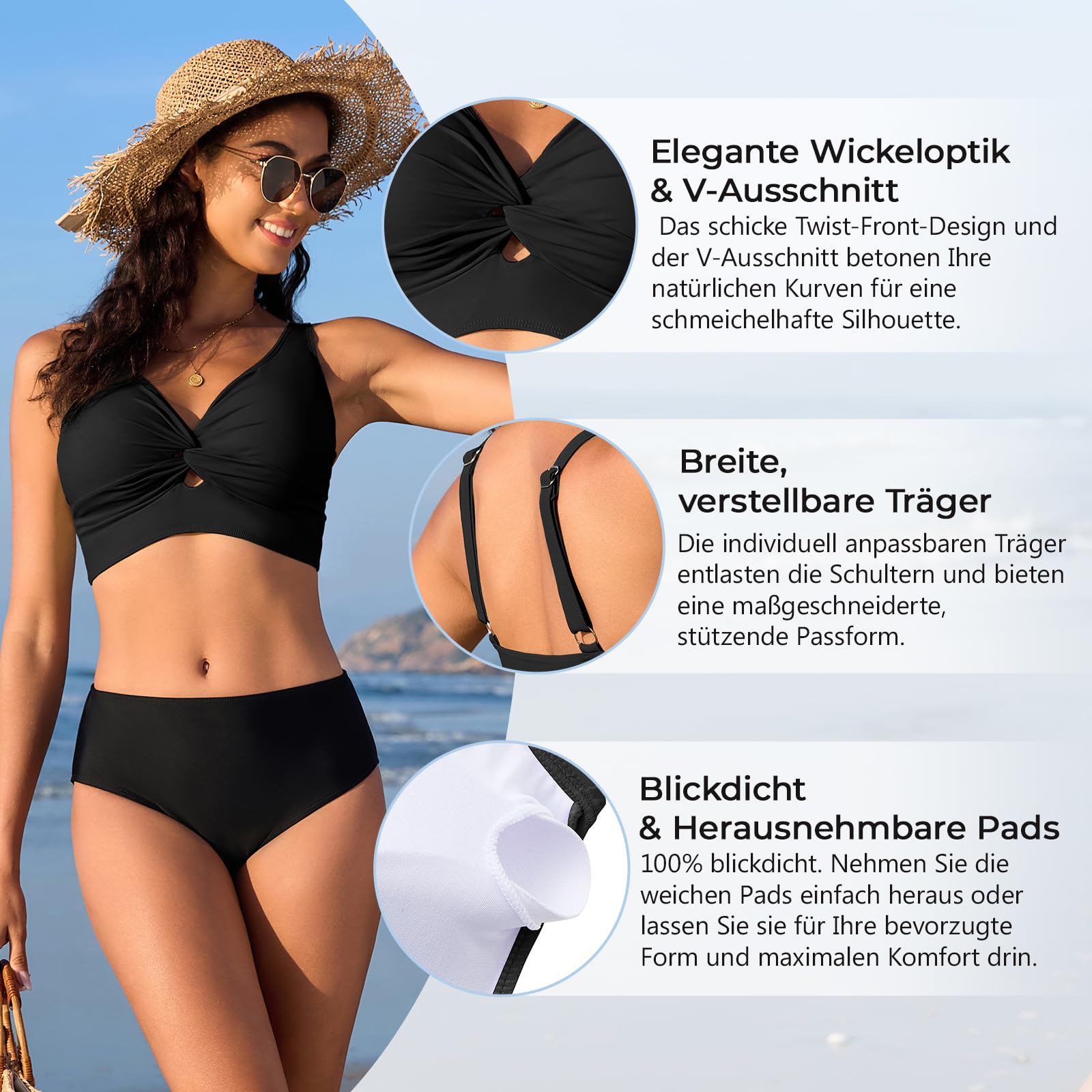 Zando Top de bikini deportivo para mujer, parte delantera push-up, acolchado, sujetador de baño