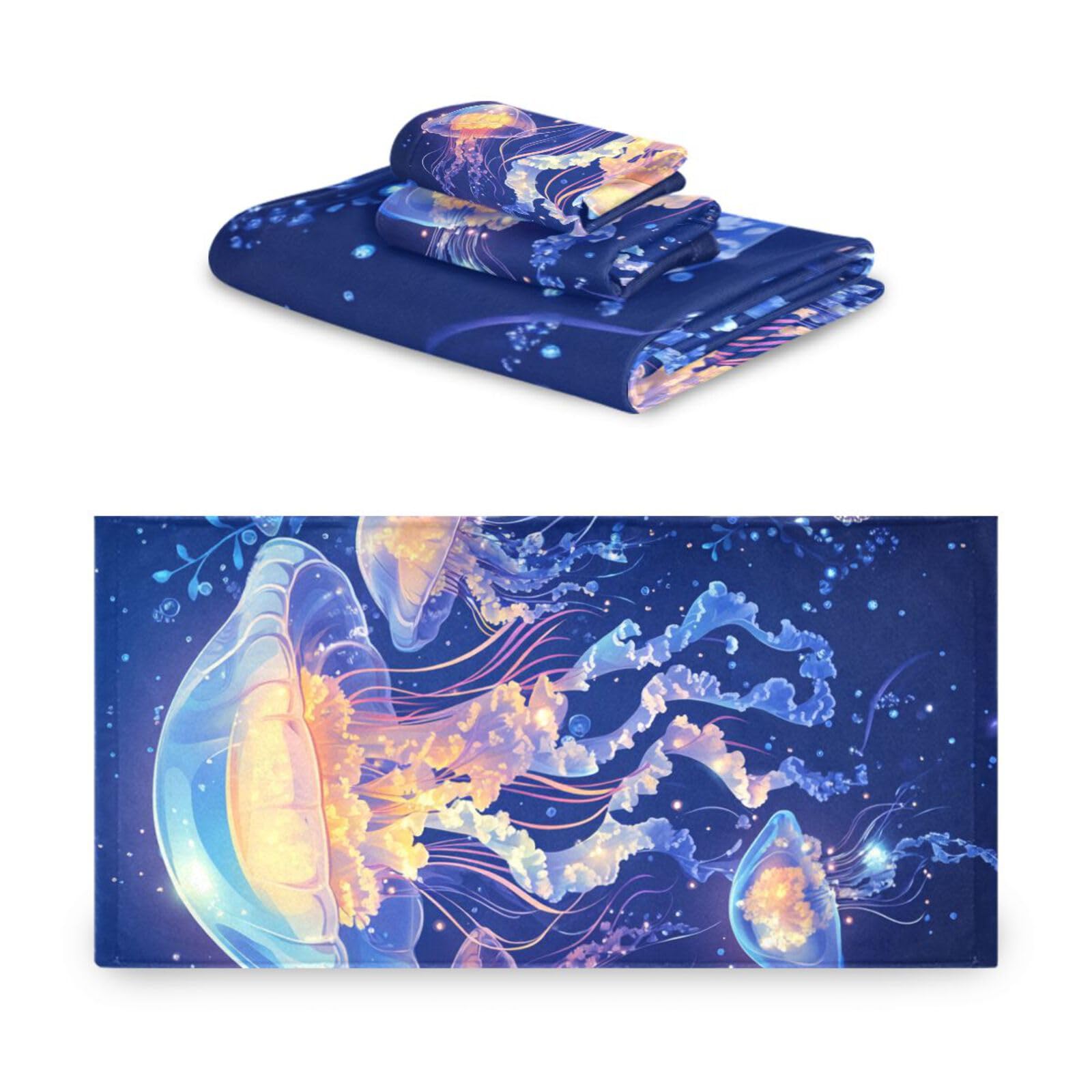 Cartoon Quallen A River Blue Cleaning Face Towels Set 3-teilig, 1 Badetuch, 1 Handtuch, 1 Waschlappen für Zuhause, Küche, Familie