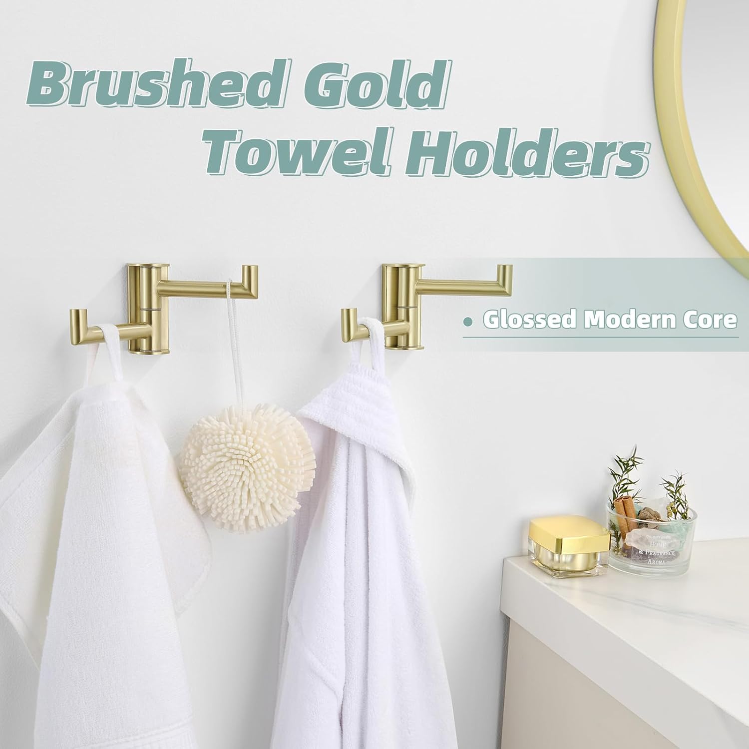 APLusee Brushed Gold 304 Stainless Steel Toilet Paper Holder, 2 Pack Swivel Towel Hook Bundle, Wall Mounted
