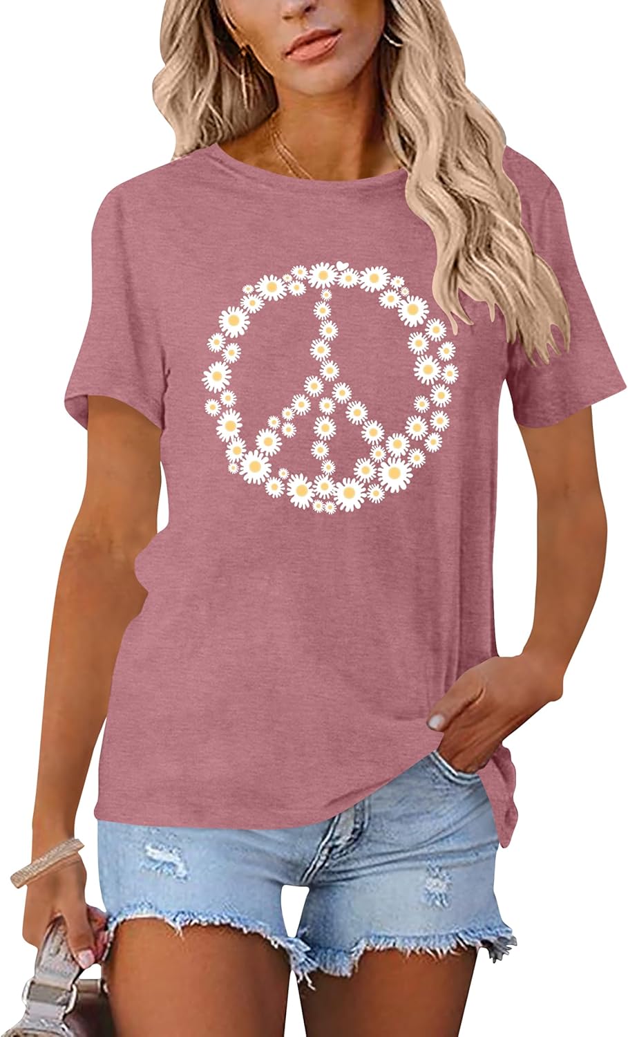 Peace Sign Love T-Shirt for Women Flower Graphic Shirt Hippie Short Sleeve 60s 70s Shirt Inspirational Tee Tops - Image 4