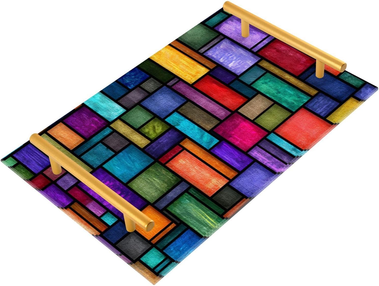 Colorful Stained Glass Pattern Bathroom Perfume Vanity Tray Acrylic Serving Tray with Handles Decorative Party Platters for Coffee Tea Table Kitchen Countertop