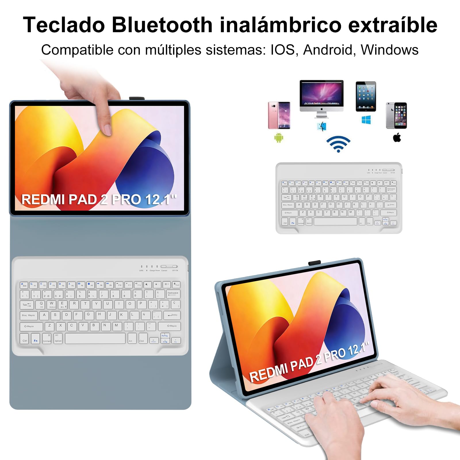 IVEOPPE Funda Teclado para XIAOMI Redmi Pad 2 Pro 2025/Redmi Pad Pro 2024 12.1", Capa Keyboard Español Ñ Desmontable Bluetooth con Portalápices, Azul Brumoso