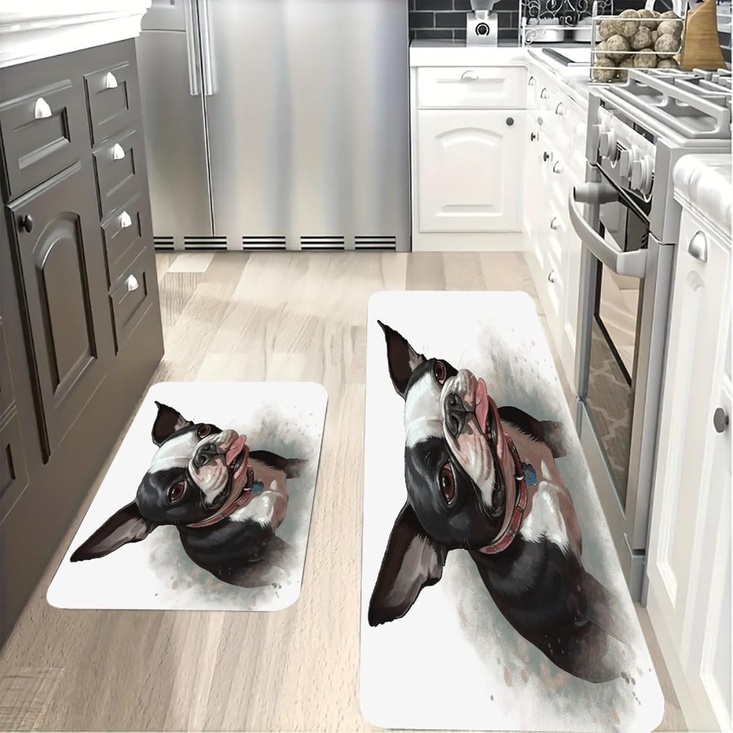 Boston Terrier Kitchen Mat Washable Non Slip Rugs Soft Kitchen Mats for Floor Set of 2 PCS Cushioned Absorbent Runner Standing Rugs for Home Sink Laundry Office