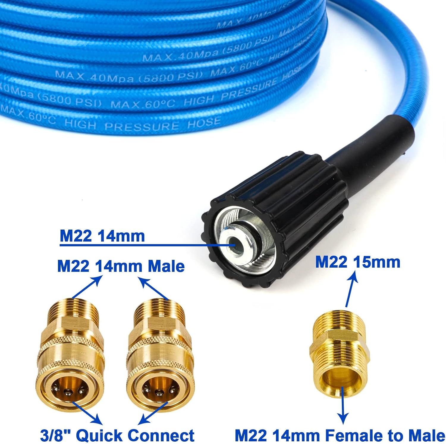 32.8 Ft Pressure Washer Hose, 5800 PSI Kink Resistant Washer Hose for Power Washer Upgrade Flexible Pressure Washer Hose Compatible with M22 14MM Connectors Suitable for Most Pressure Washers (Blue) : Patio, Lawn & Garden