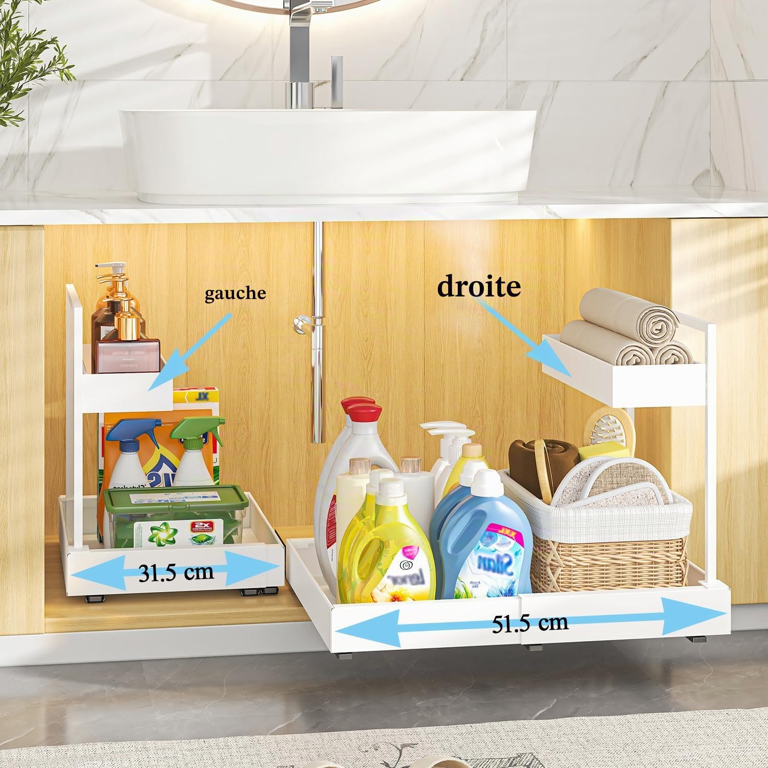 YunNasi Extensible Rangement Sous Evier, Organisateur Cuisine 2 Niveaux, Rangement et Organisation de Cuisine, Tiroir Coulissant Cuisine pour Salle de Bain, Armoire, Placard (Blanc)