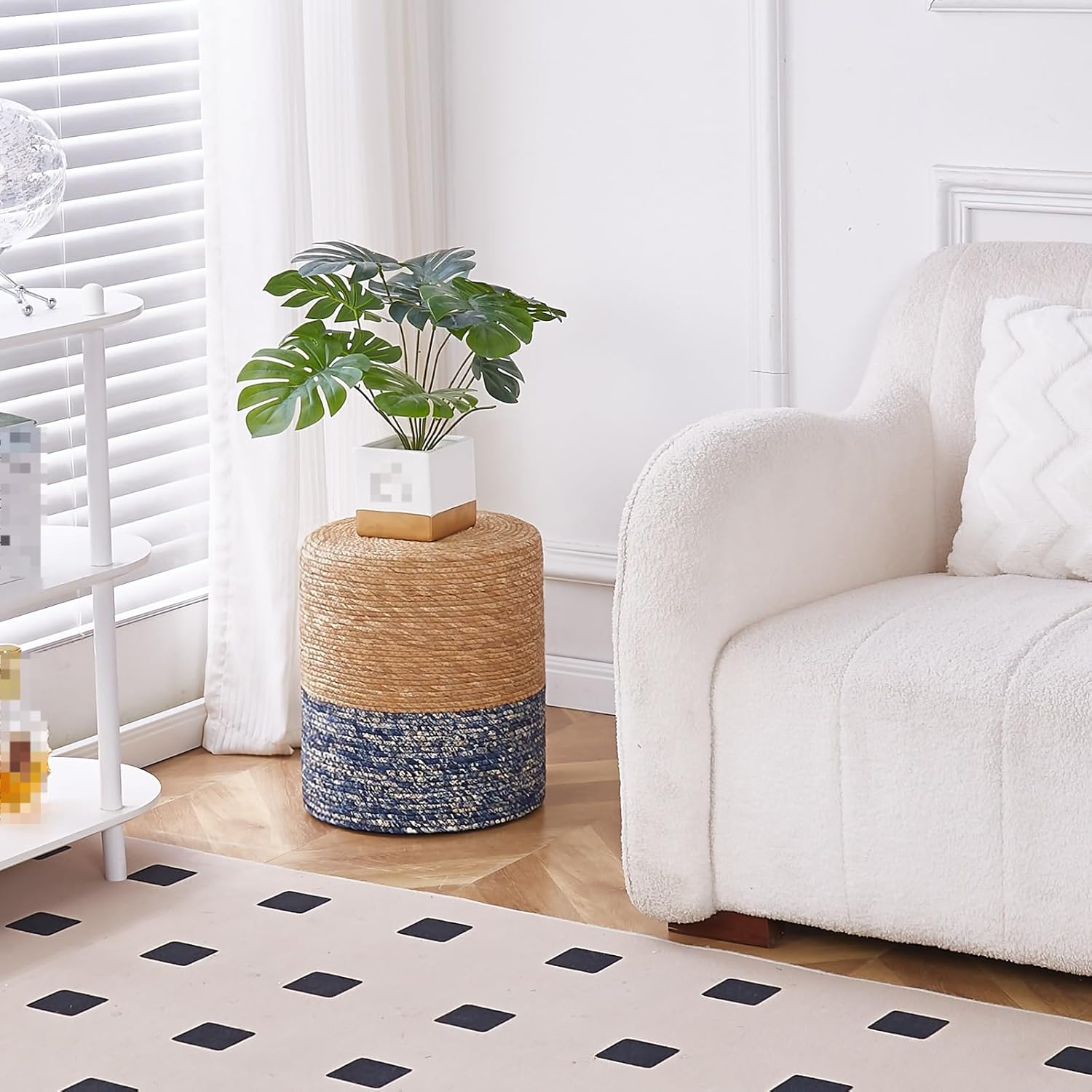 Handwoven Seagrass Pouf Ottoman, Natural Round Footstool with Jute Cover, Braided Accent Stool for Living Room Bedroom, Boho Floor Seat Cushion