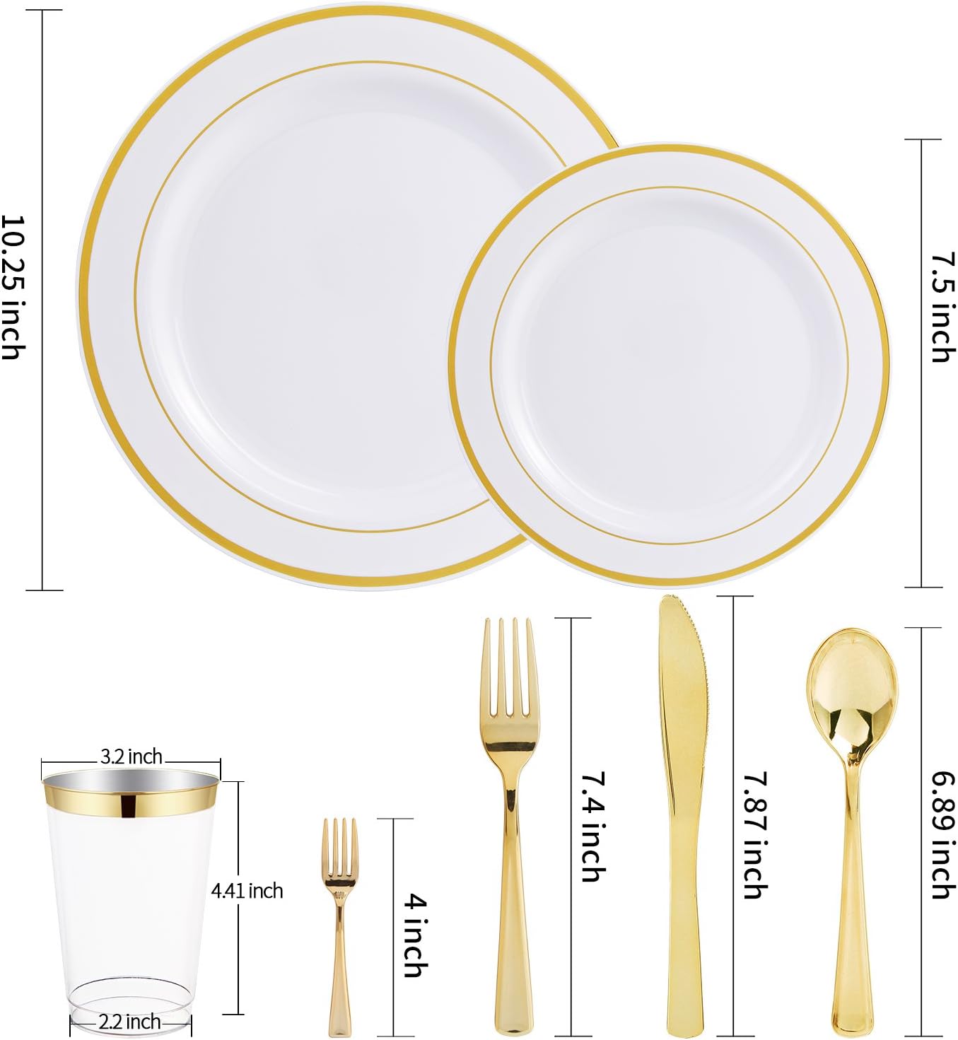 WDF 25Guest Gold Plastic Plates - Heavy Duty Plastic Plates Dinnerware - Include 25 Dinner Plate 25 Salad Plates 50 Forks 25 Knives 25 Spoons 25 Cups 25 Mini Forks for Wedding Birthday Valentine’s Day