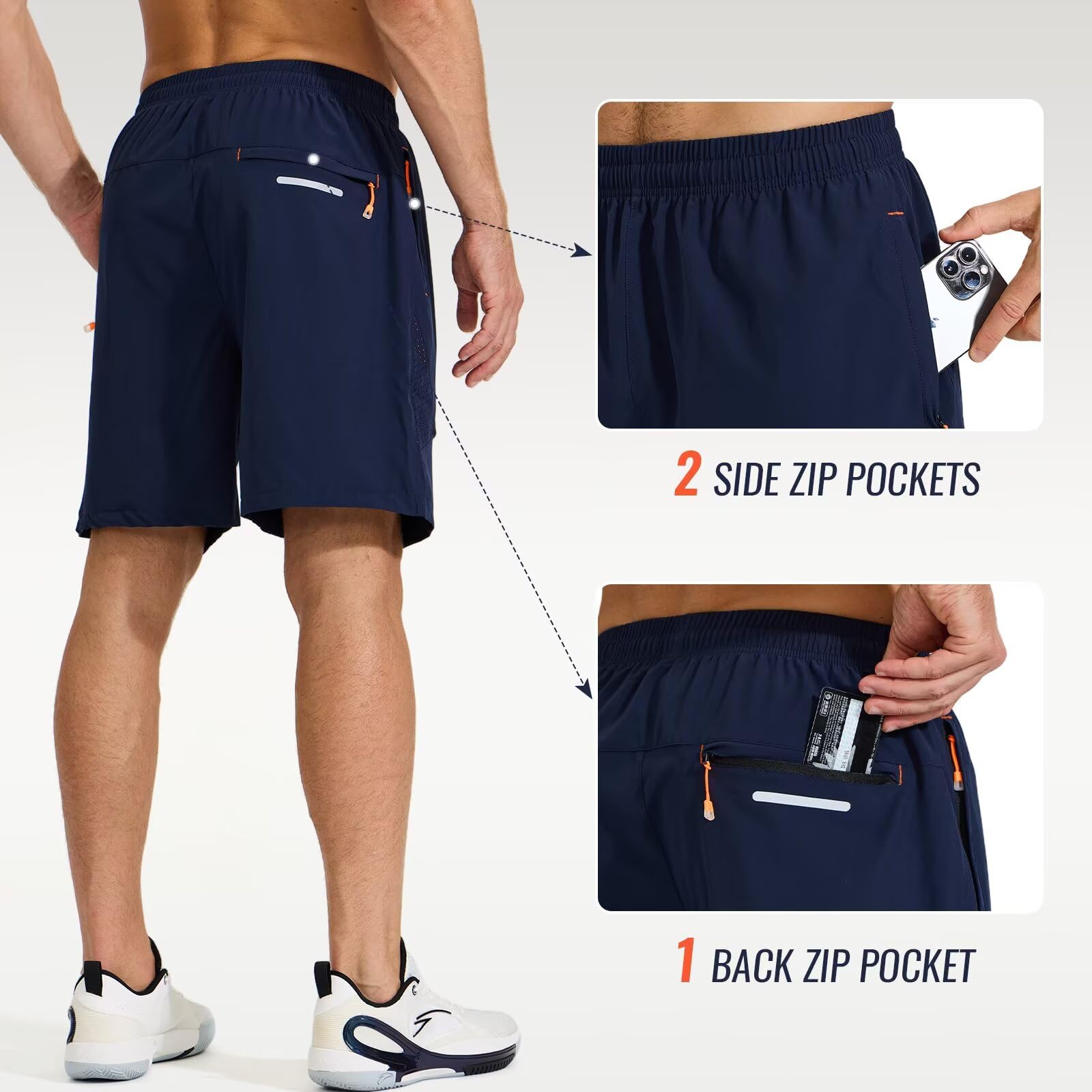 LUWELL PRO Short de Sport pour Homme avec Poche Zippée Sport Tennis Séchage Rapide Shorts de Course à Pied - 3