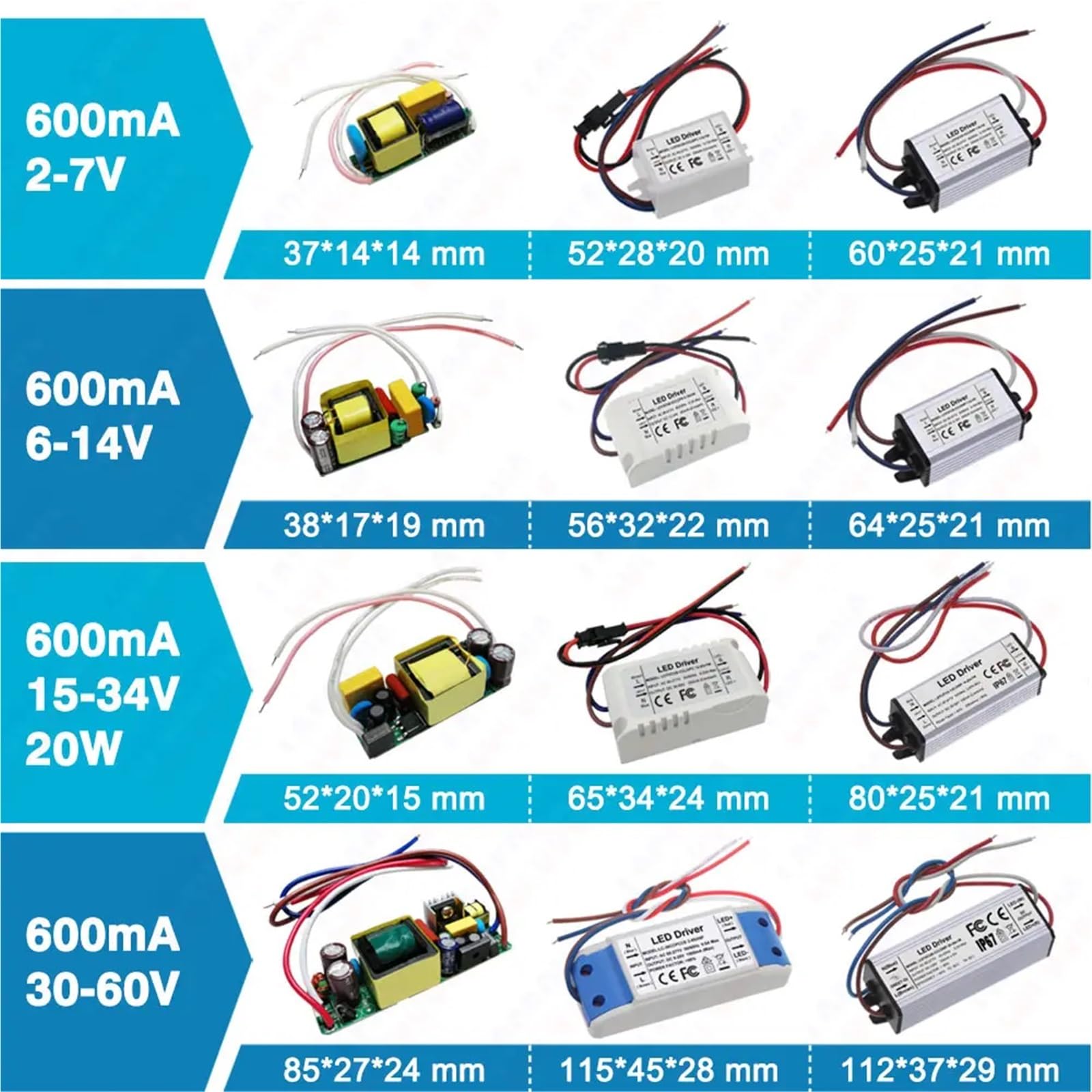 Driver LED de corriente constante 300 mA, 450 mA, 600 mA, 900 mA, 1500 mA, transformadores de iluminación 1 W, 3 W, 5 W, 10 W, 20 W, 30 W, 36 W, 50 W, 100 W (PCB Board,450 mA 39 a 85V)