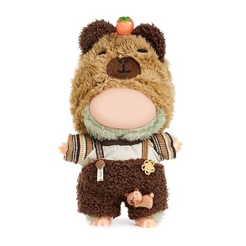 Clothes for Labubu, 17cm Doll Clothes Set Suitable for Labubu Dolls Accessories - Plush Capybara Head Cover + Top + Plush Overalls (NO Doll),Capibara
