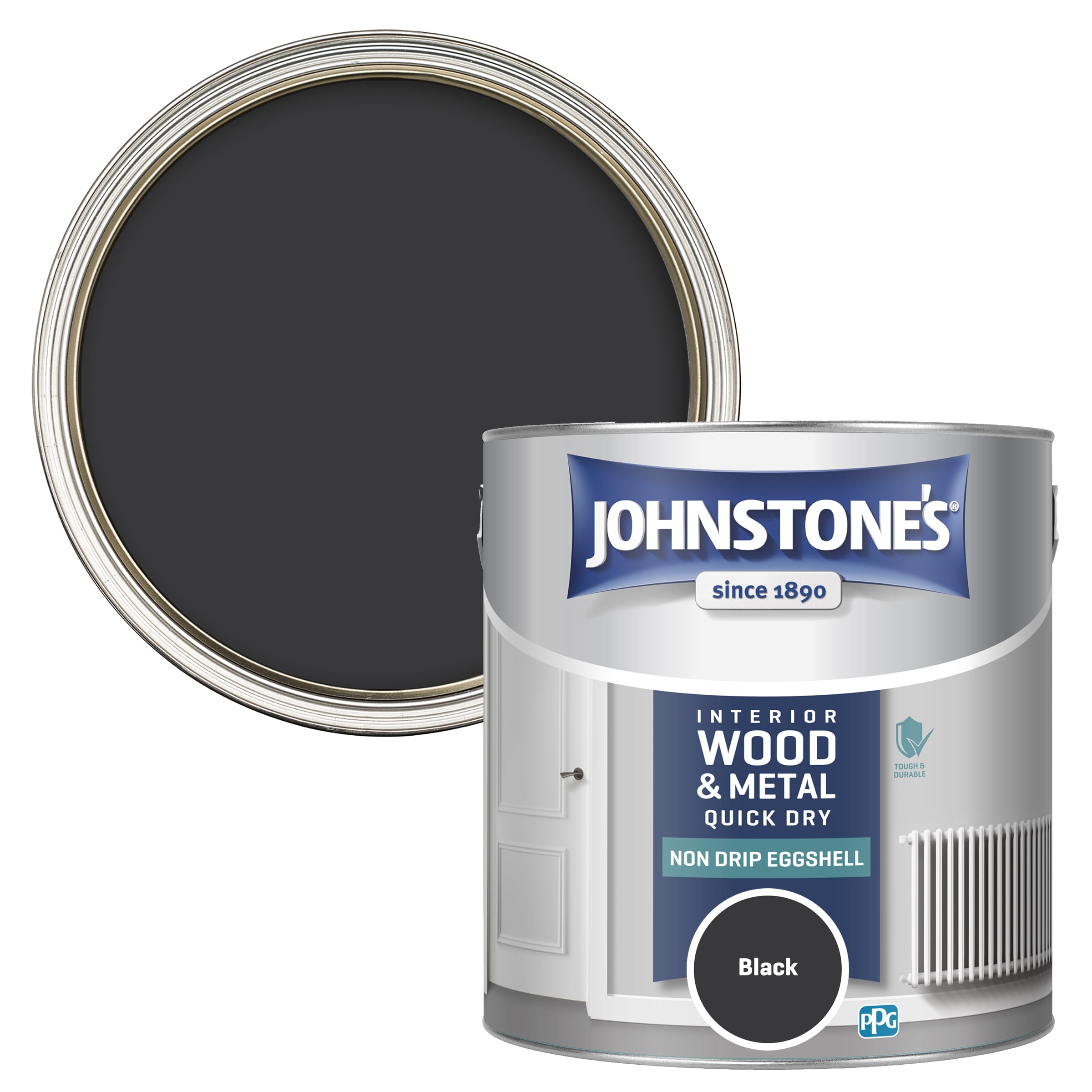 Johnstone's - Quick Dry & Nondrip Eggshell Paint for Wood & Metal - Black | Interior | Low Odour, Water-Based Formula, Dry in 1-2 Hours | 12m2 Coverage per Litre | 2.5 L