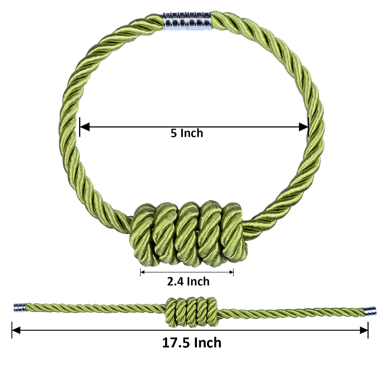Lot de 4 embrasses magnétiques pour rideaux avec nœud en corde (vert, 4P)