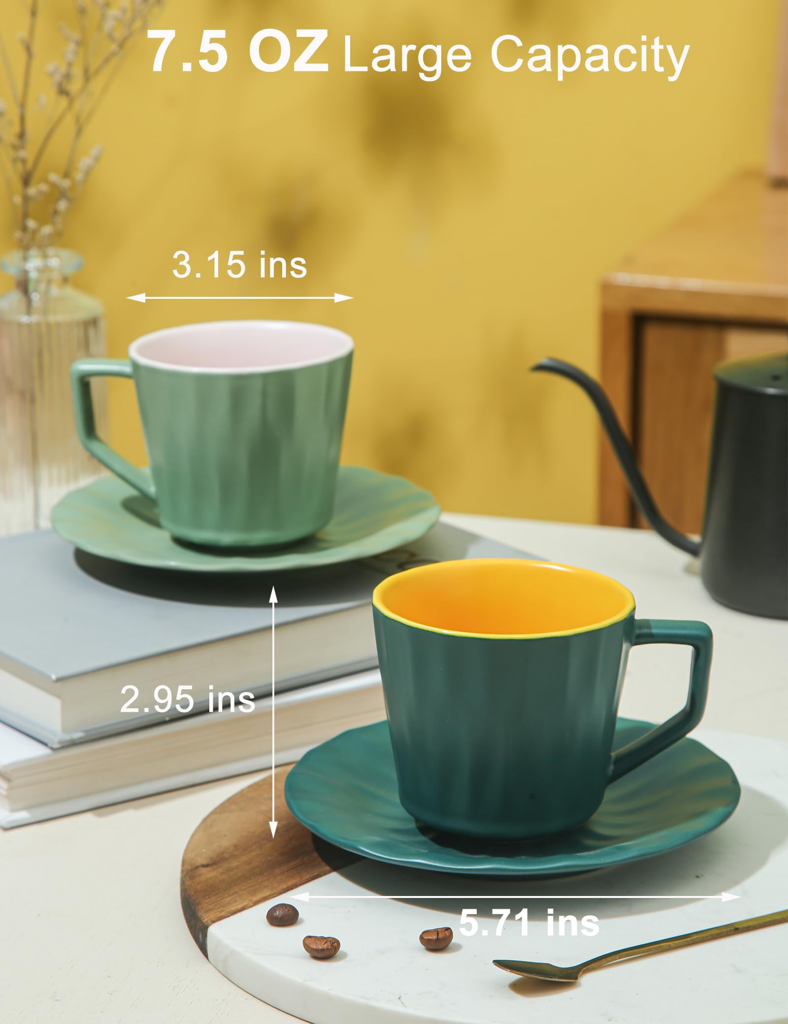 Juego de 4 tazas y platillos de té, tazas grandes de espresso de 7.5 onzas, taza de café de porcelana y platillo, taza de café apta para lavavajillas y microondas, para capuchino, latte,