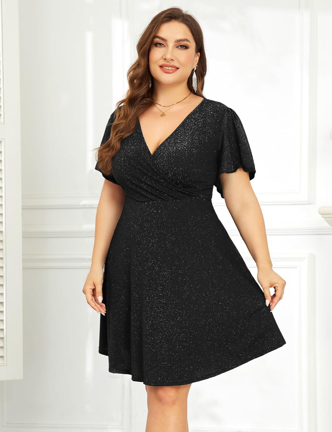 ZOMVA 2025 Plus Size 0X-4X Sparkly Glitter Wrap V Neck A Line Mini Dress Sparkle Sequin Sexy Dresses Cocktail Party Club - Image 6