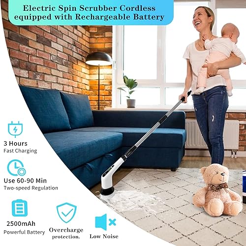 Miniatura 4 de Limpiador eléctrico giratorio, limpiador de ducha inalámbrico para limpieza con 7 cabezales de cepillo de limpieza multiusos, limpiador de baño con