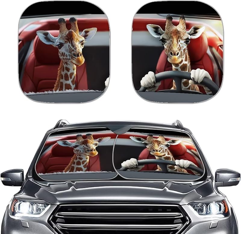 Protetor Solar para Para-brisa com Estampa Driving Giraffe, Dobrável, em Alumínio e Poliéster, 72,4 x 64,8 cm, Kit com 2