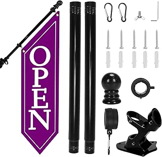 OPEN Flag with Pole Kit - Heavy Duty Canvas Open Banner for Business Storefront, 42x12 Inch Outdoor Double-Sided Sign with Bracket - Advertising Signage for Retail & Shops (Purple)