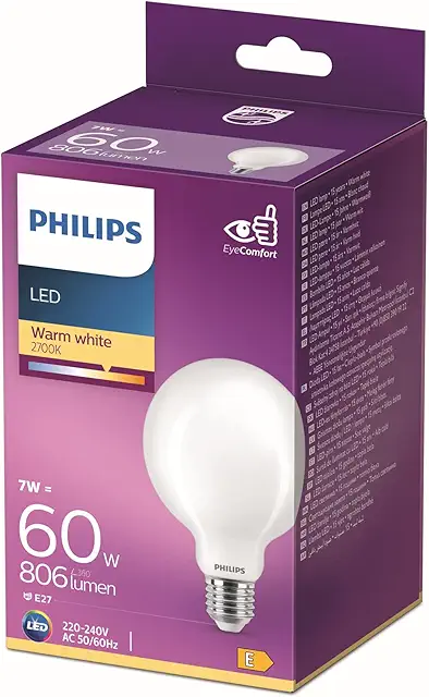 Philips E27 LED Globe - 60W Warm White Light Bulb