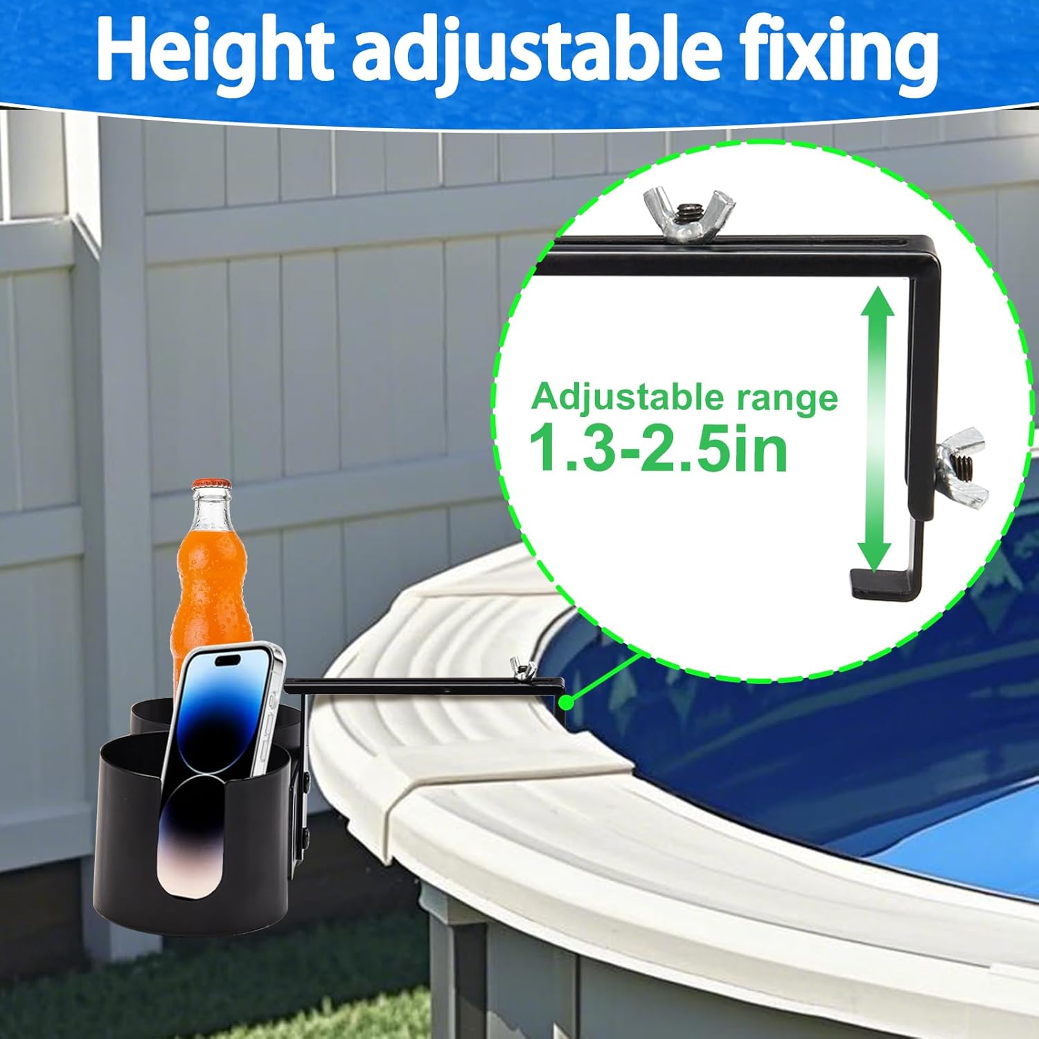 Adjustable Poolside Cup Holders for Above Ground Pool,Double Pool Drink Holder Metal Poolside Drink Accessories for Square Top Pools Only,Not Compatible with Round/Oval Top Bar