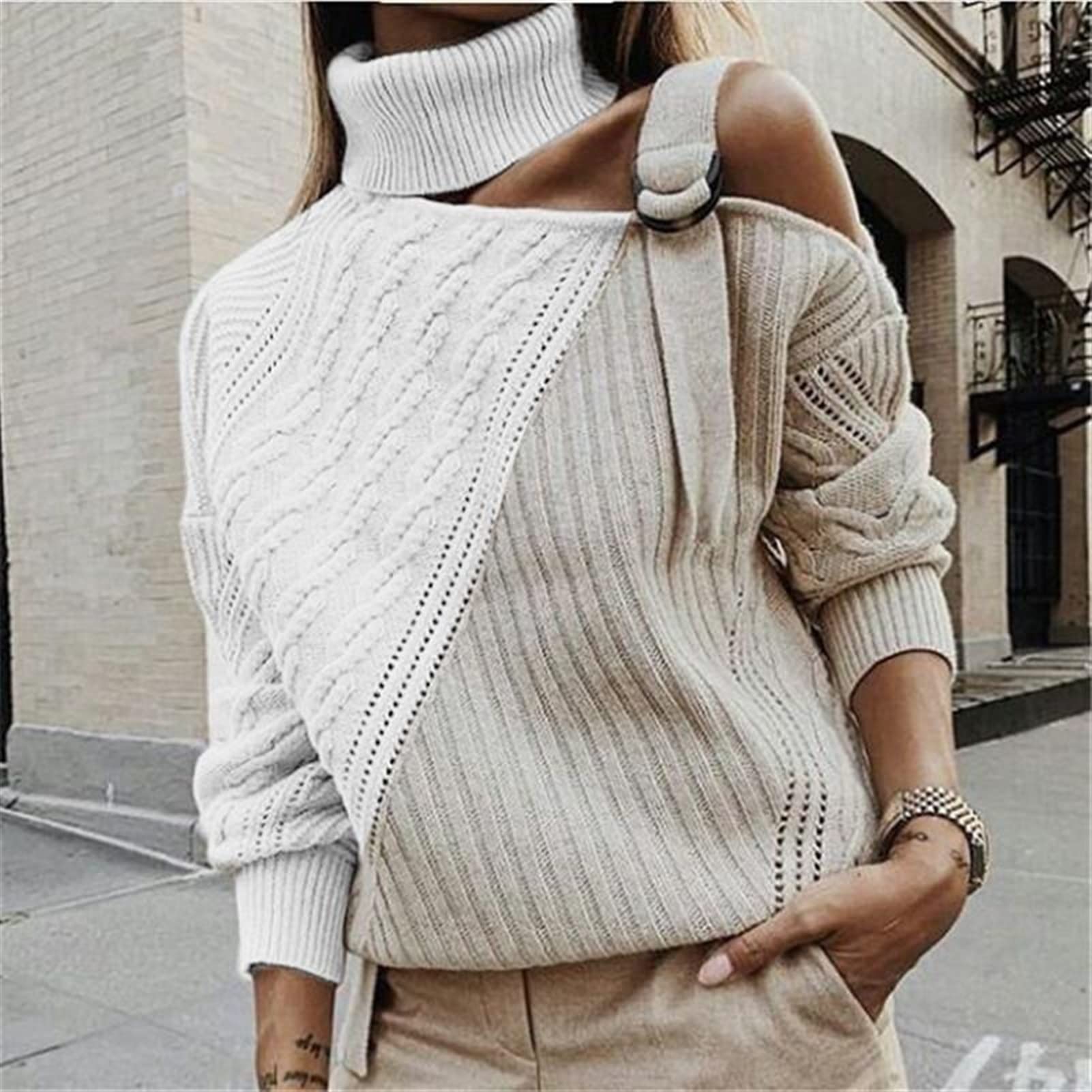 Damskie słodkie dzianinowe bluzki z odkrytymi ramionami Casual Długi rękaw Colorblock Sweter z golfem (Kolor: Brązowy, Rozmiar: Średni) (Apricot M)