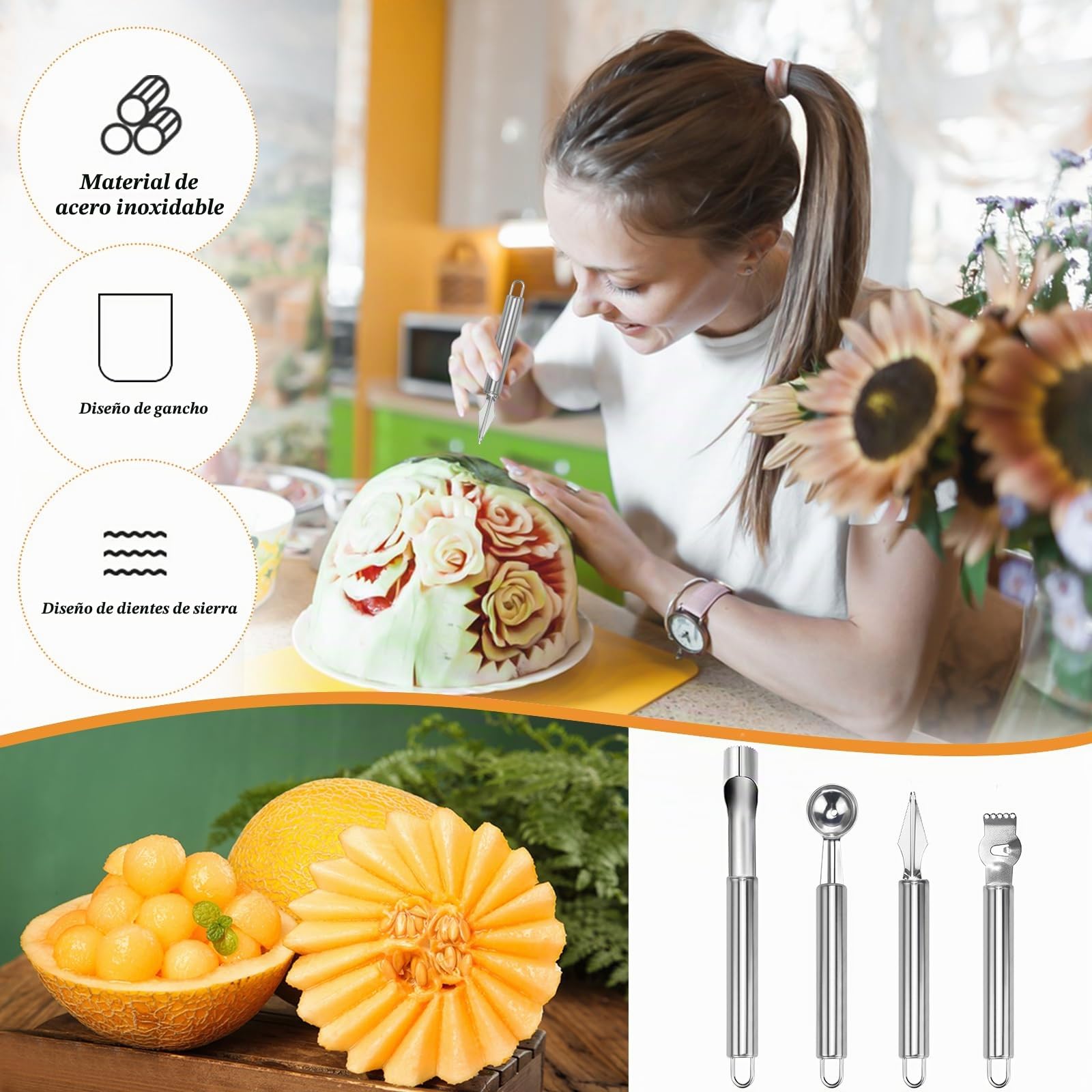 LPZMPZ 4 en 1 Descorazonador Herramienta Cuchara Vaciadora de Acero Inoxidable Manzanas Tallado Excavación Cocina Multifuncional para Ensaladas de Frutas Bolas de Melón Diy