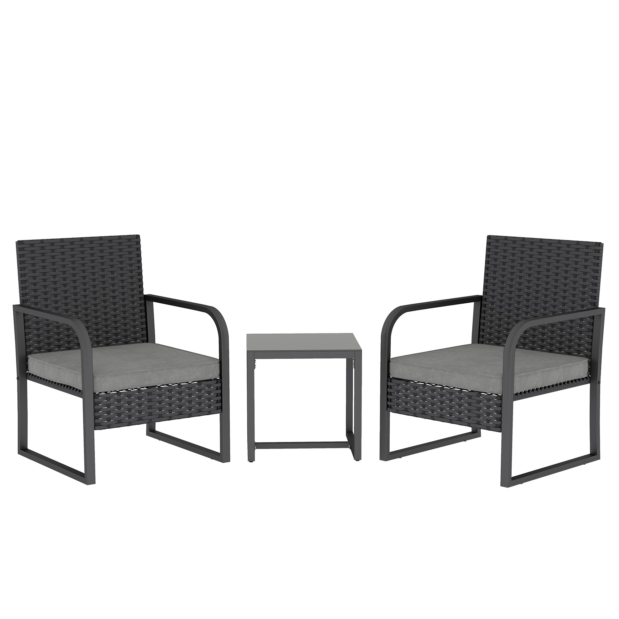 Outsunny Set da Giardino 3 Pezzi in Rattan PE e Acciaio, Set 2 Sedie con Cuscini Lavabili e Tavolino da Caffè con Piano in Vetro, Set di Mobili da Balcone, per Patio e Cortile, Grigio Scuro e Nero
