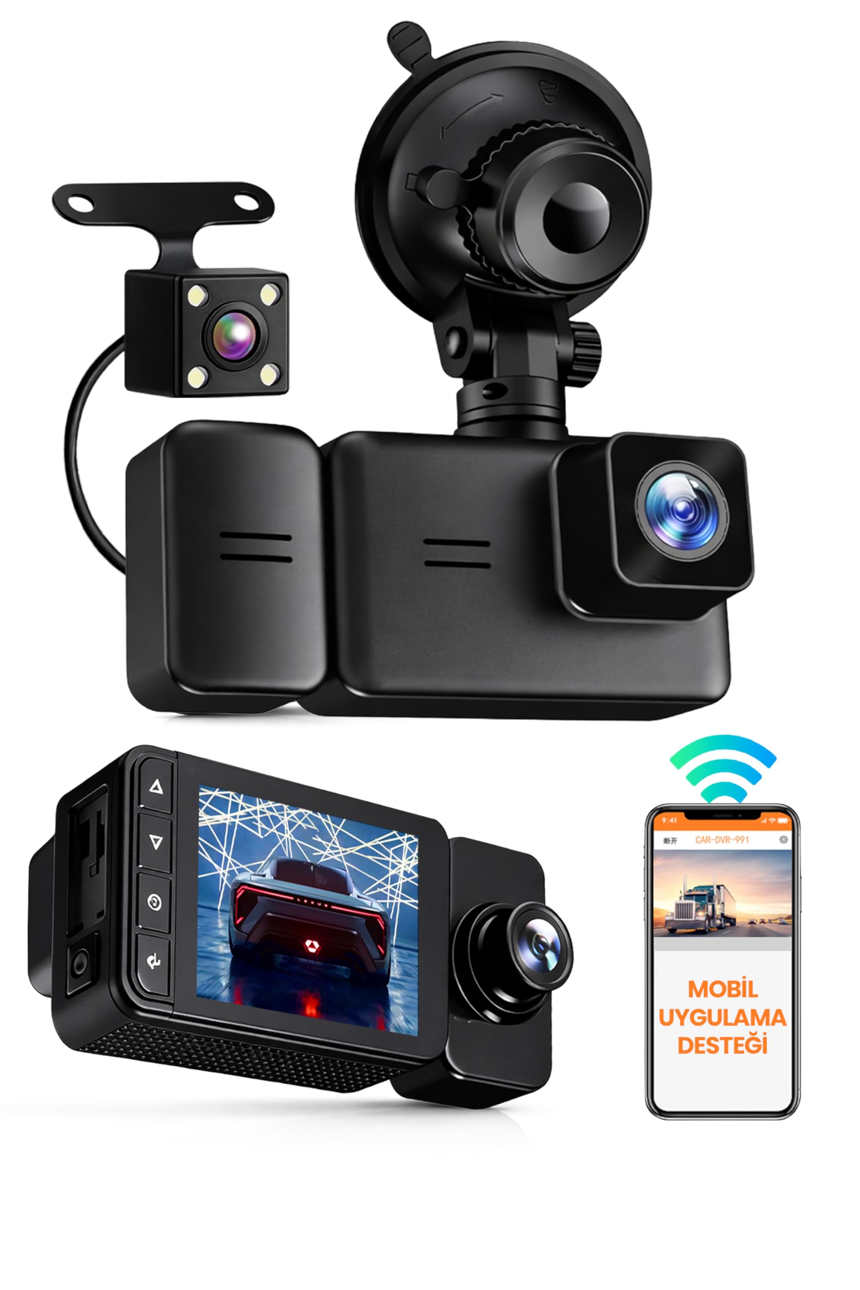3 Kameralı Wifi Ekran Araç Kamerası FullHD Geniş Ön + Arka + Araç İçi Kamera Hareket Sensörü EF1313