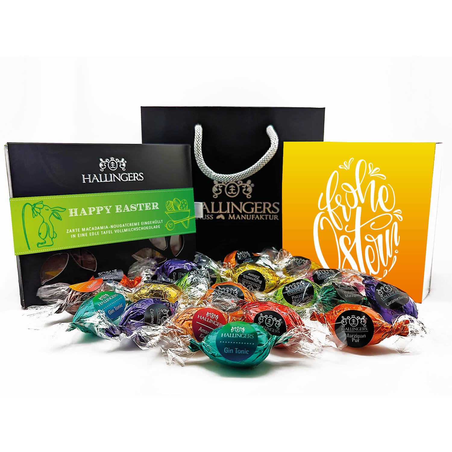 Hallingers Genuss Manufaktur Feinkost Oster-Geschenk-Set - XL-Geschenkkorb "Easter Bag gree..." großes Osternest 1 Schokoladen-Tafel, 9 Trüffel & 20 Pralinen-Ostereier, Ostern Körbchen für Frauen
