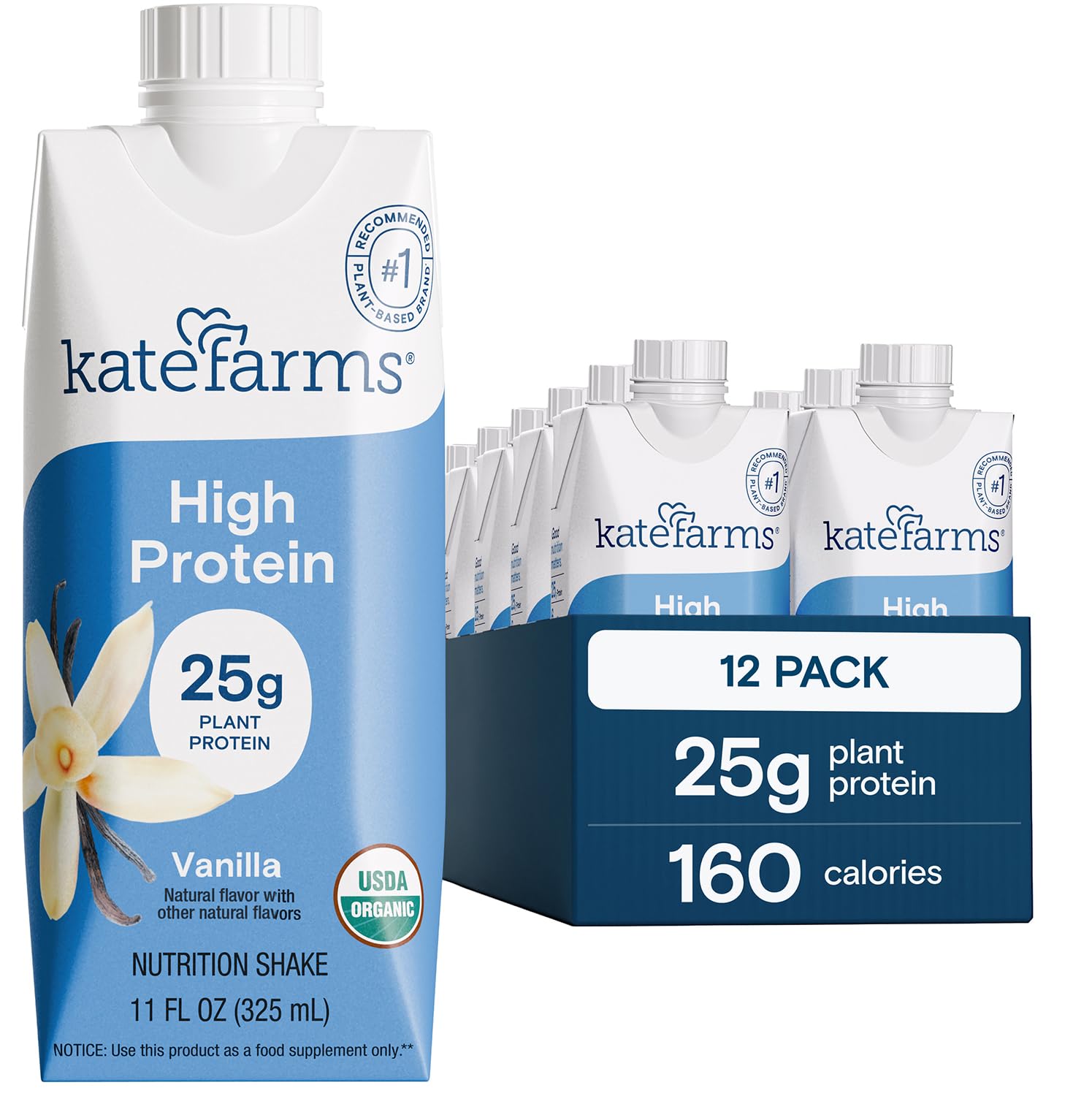 KATE FARMS Organic High Protein Vanilla Shake, 25g Protein, 12 Pack
